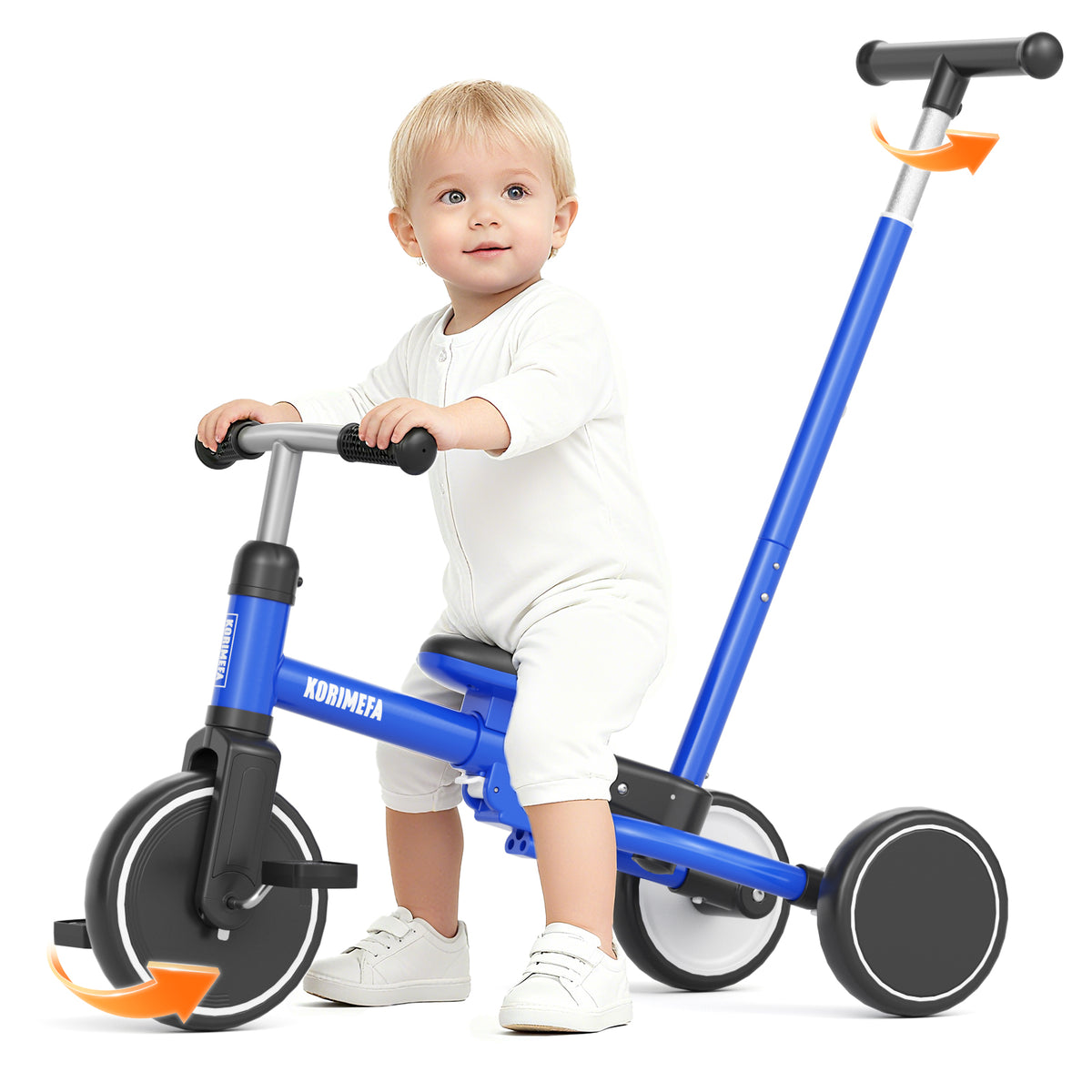 KORIMEFA 5 in 1 Toddler Push Trike & Balance Bike for 2 3 4 Year Olds, Ride-On Kids Tricycle with Adjustable Seat, Outdoor Indoor Birthday Gift for Boys Girls, Blue