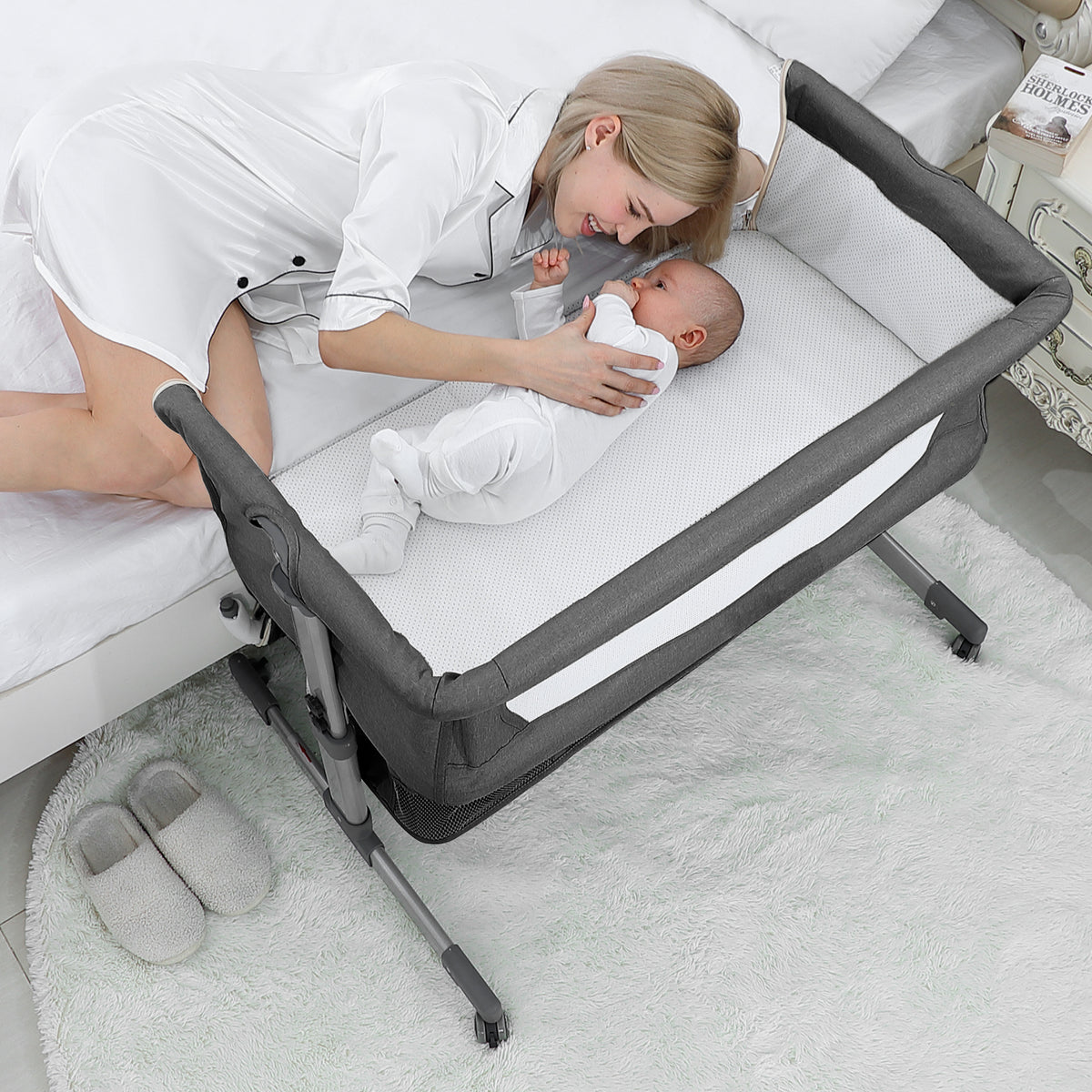 67i Baby Newborn Bedside Sleeper Bassinet Crib with Wheels, Storage Basket- Dark Gray