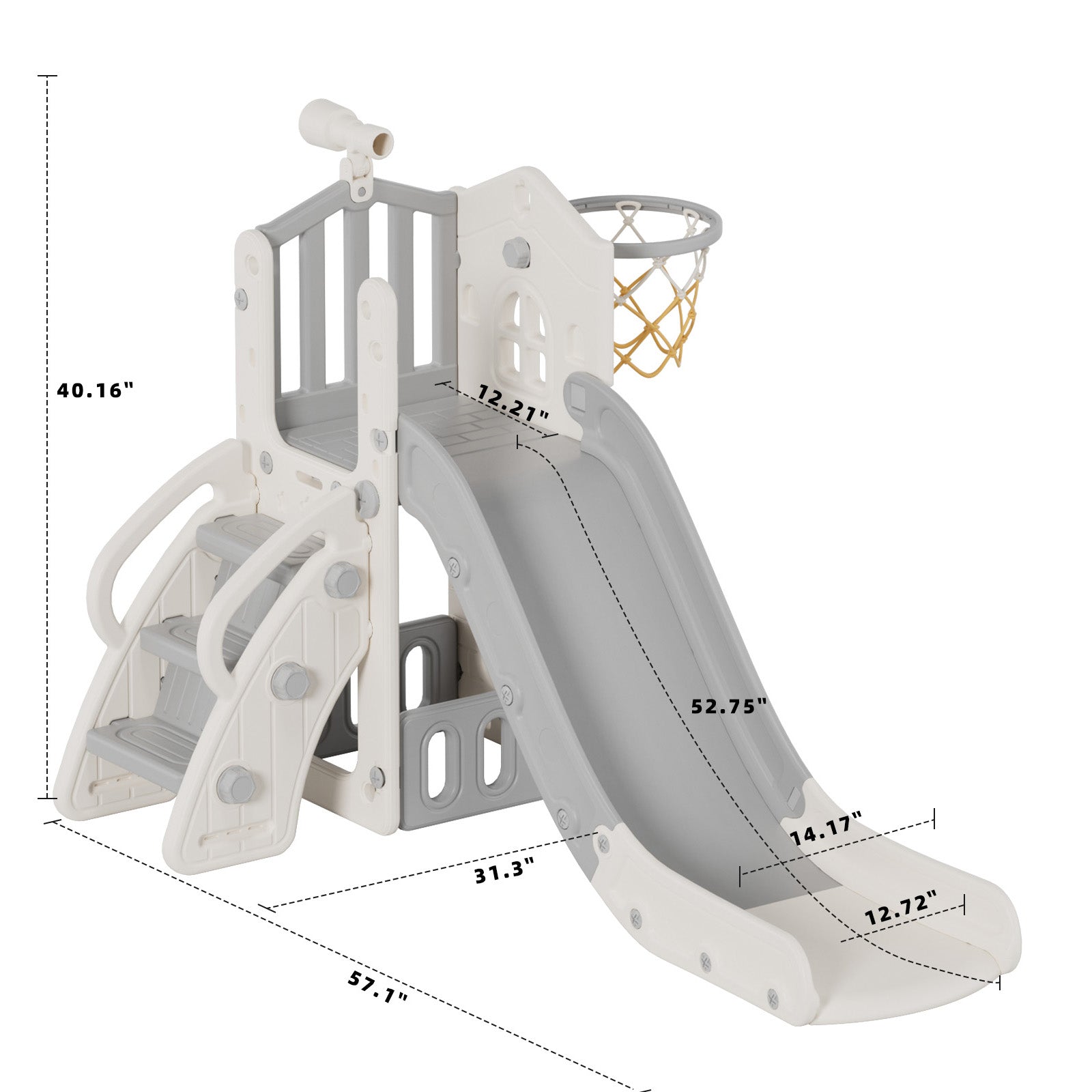 XJD 5 in 1 Toddler Slide Set  Climber Slide for Age 1-3, Outdoor Indoor Playset with Basketball Hoop, Telescope, and Storage Space, Gray/Grey