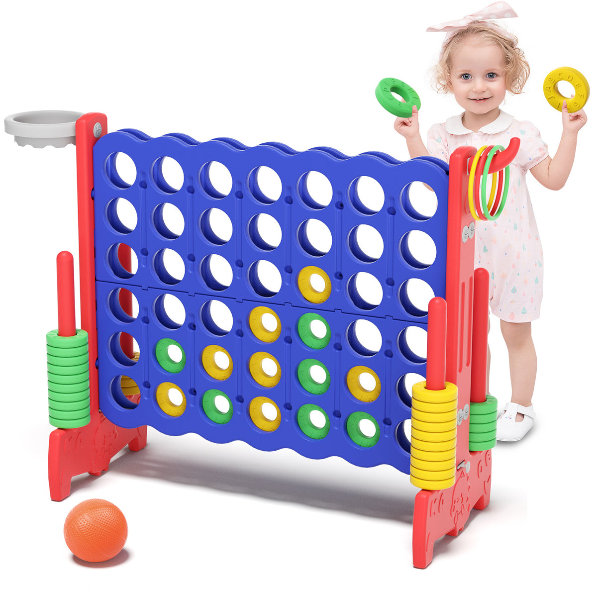 XJD Giant 4-in-A-Row Jumbo Game, 4-to-Score Game Set with Basketball Hoop, Ring Toss, 42 Jumbo Rings, Indoor Outdoor Family Game for Kids & Adults. Blue&Red