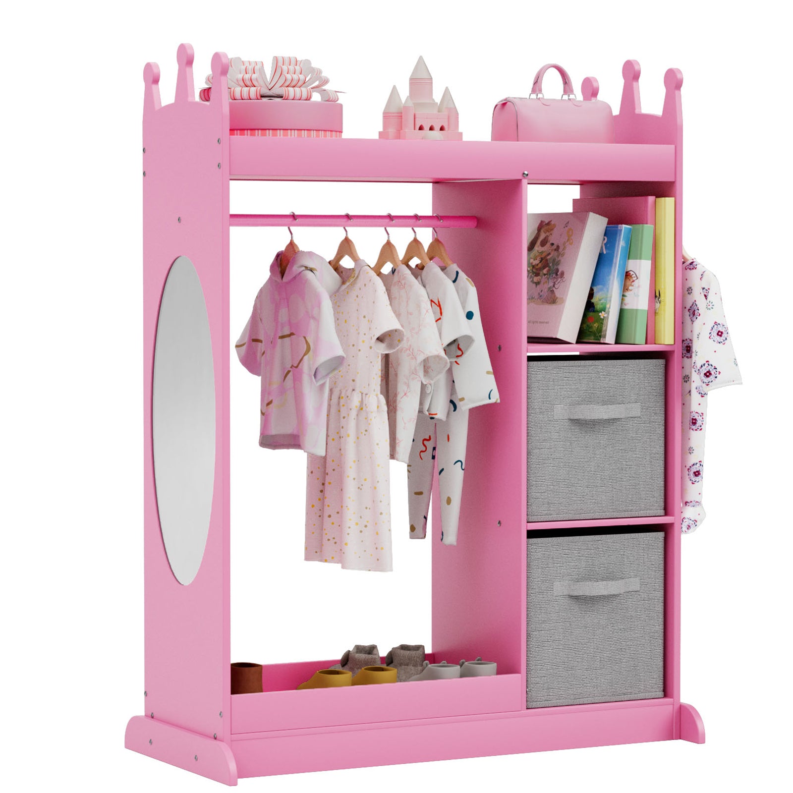 Kids Large Dress up Storage with Mirror, Kids Costume Organizer with S