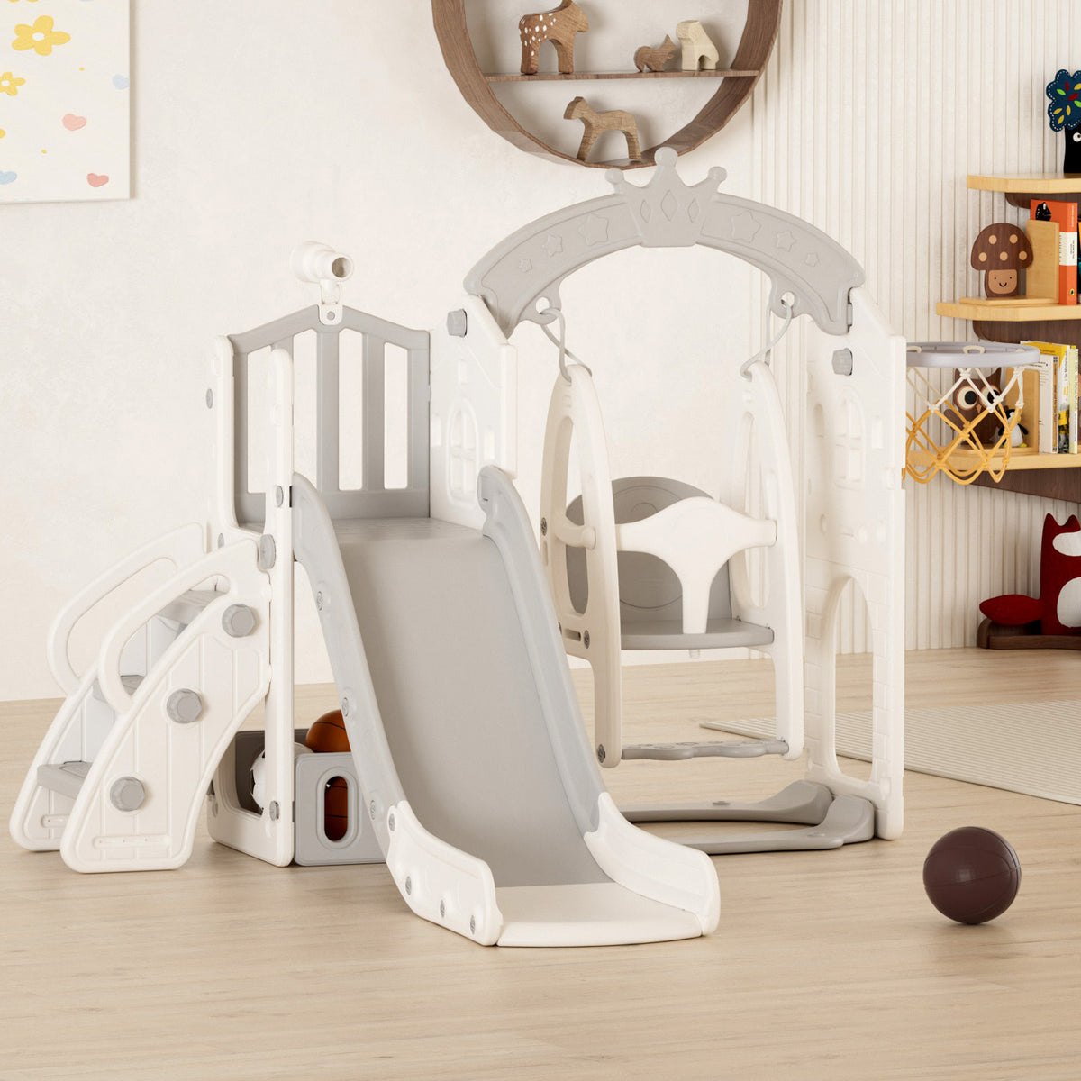 XJD 6 in 1 Toddler Slide Set Indoor Outdoor Plastic Freestanding Slide, Gray/Grey