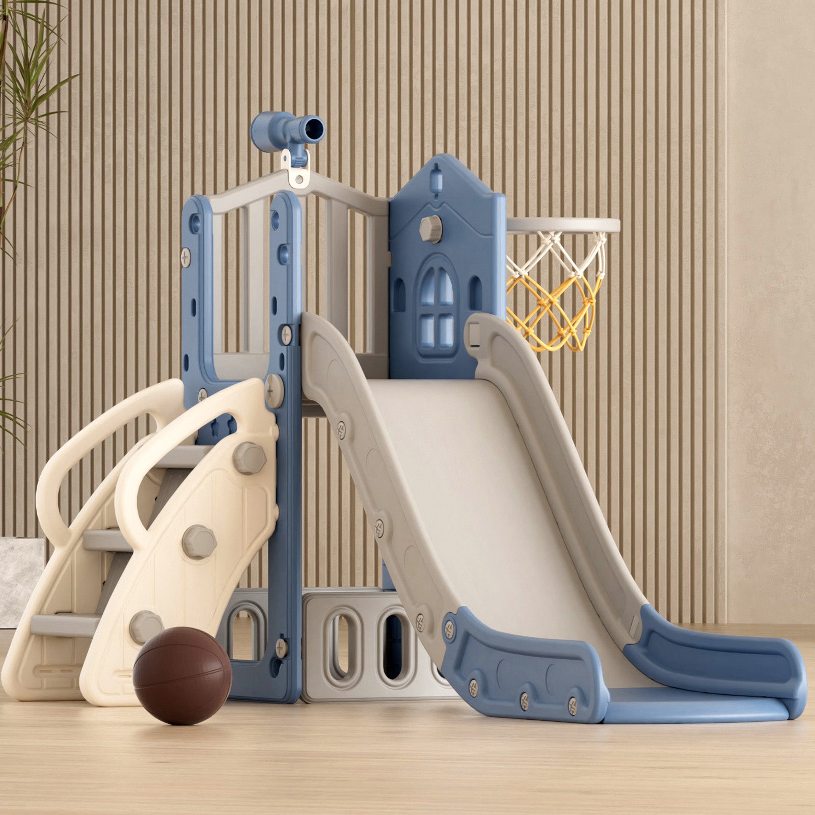 XJD in Toddler Slide Set Climber Slide for Age 1-3, Outdoor Indoor Playset, Slide with Basketball Hoop, Telescope, and Storage Space, Blue/Grey