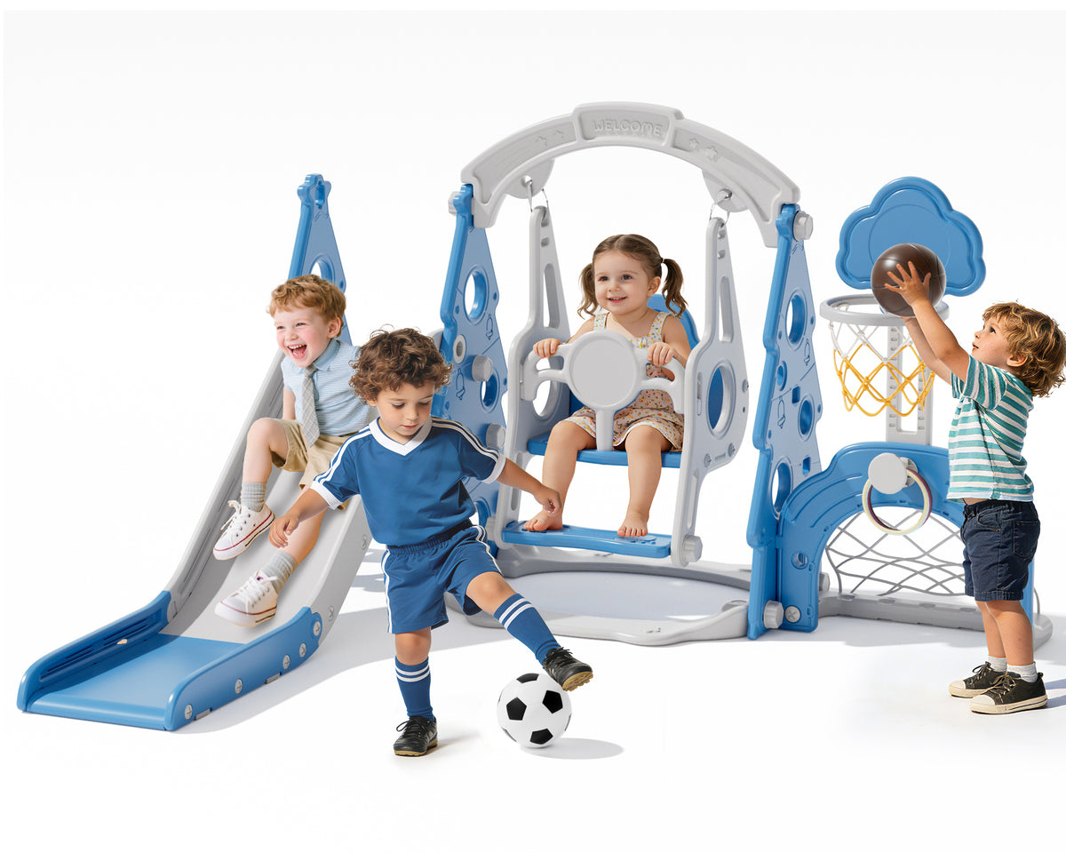 KORIMEFA 6-in-1 Kids Slide and Swing Set, Includes Slide, Swing, Basketball Hoop, and Climber, Indoor and Outdoor Playground for Todder Age 1-5