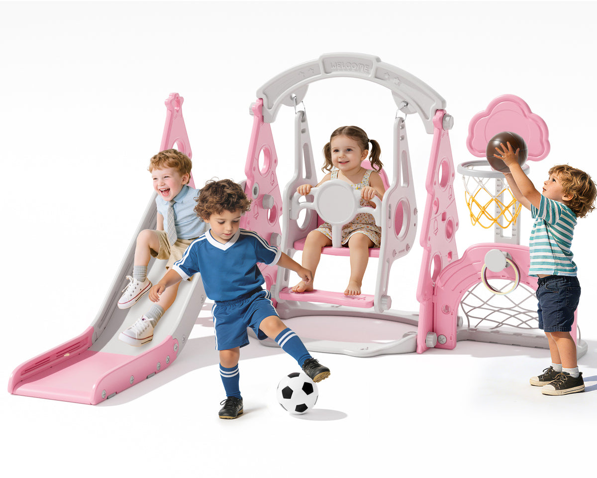 KORIMEFA 6-in-1 Kids Slide and Swing Set, Includes Slide, Swing, Basketball Hoop, and Climber, Indoor and Outdoor Playground for Todder Age 1-5
