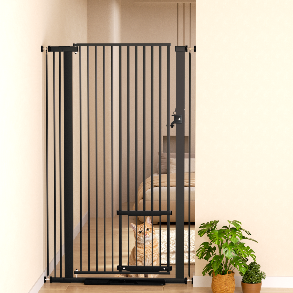 Korimefa Extra Tall Pet Gate with Cat Door, 55.11" Tall 29.5"-37.4" Wide Pressure Mount Dog Gate, No Drill 1.37" Narrow Gap One-Hand Operate Safety Barrier for Stairs Hallway Kitchen