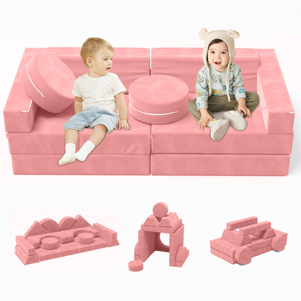XJD 14-Piece Modular Children's Play Sofa, Children's Combination Sofa, Bedroom and Playroom Children's Furniture, Convertible Foam and Floor Cushions, Pink