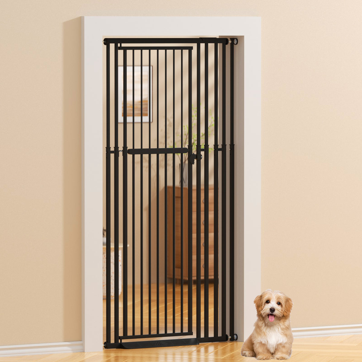KORIMEFA 47.24"-87" Extra Tall Cat Gate with Wide Adjustable Pet door Pressure Mounted Safety Full Door Gate for Stairs, Hallway, Kitchen, Doorway