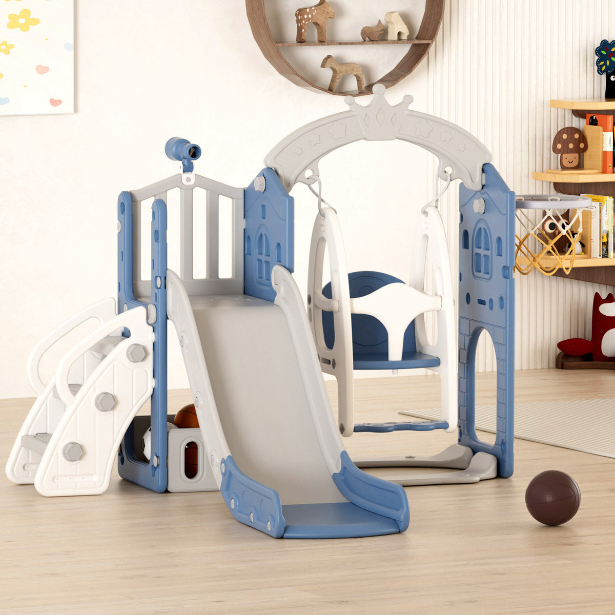 XJD 6 in 1 Toddler Slide Set Indoor Outdoor Plastic Freestanding Slide, Blue&Gray