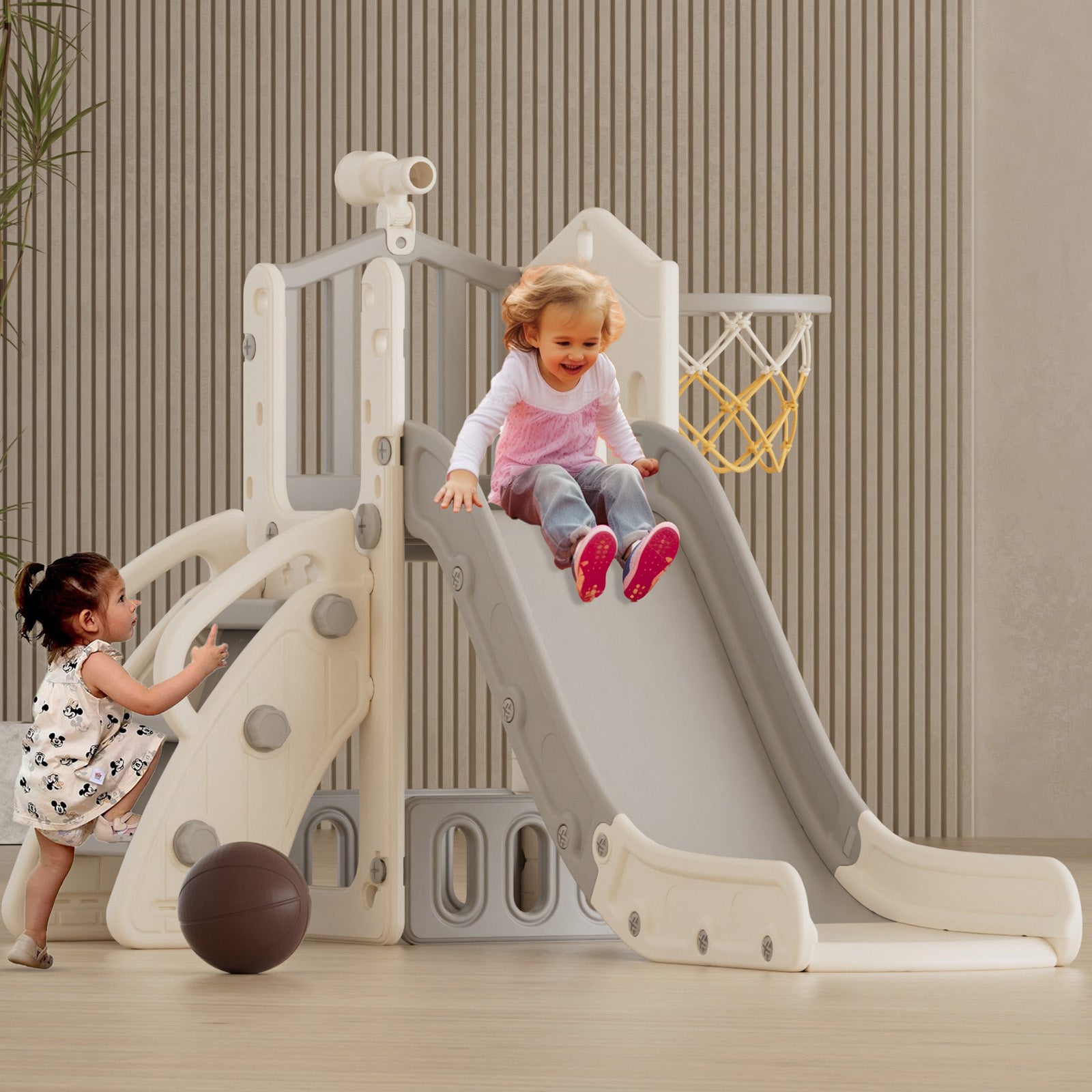 XJD 5 in 1 Toddler Slide Set  Climber Slide for Age 1-3, Outdoor Indoor Playset with Basketball Hoop, Telescope, and Storage Space, Gray/Grey