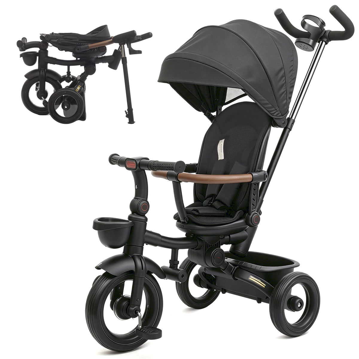 KORIMEFA 7-in-1 Toddler Tricycle, Foldable Trike with Push Handle, 360° Rotatable Seat, Safety Harness, Adjustable Canopy, Cup Holder & Storage Basket for 10 Months-5 Years