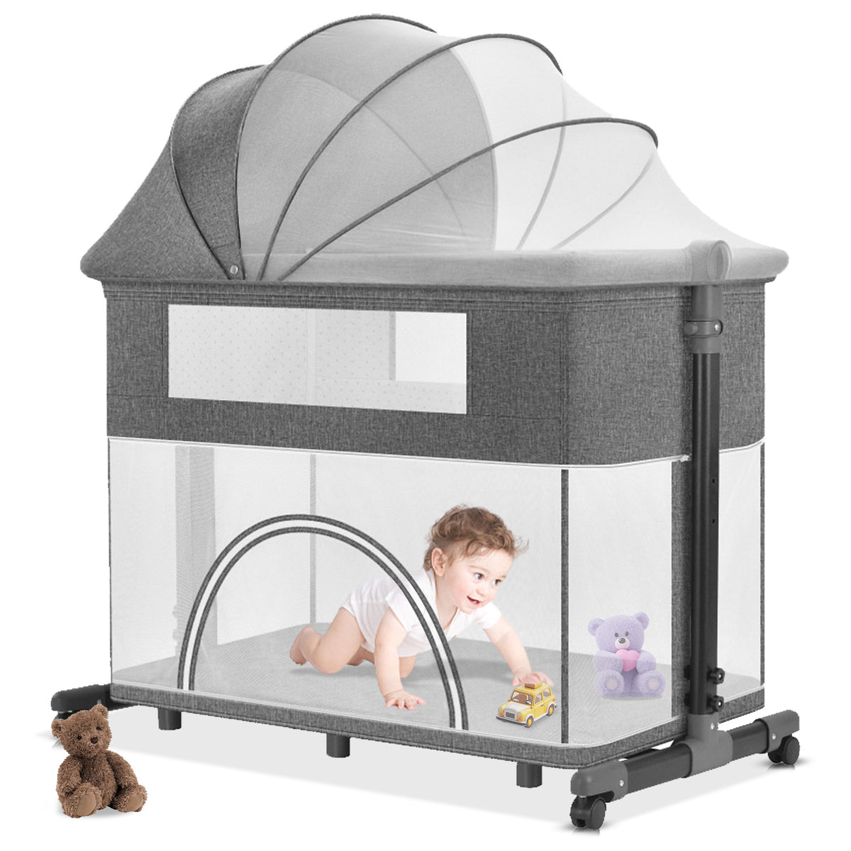 XJD 5 in 1 Baby Bassinet with Mosquito Net, Storage Bag, Adjustable Height, Upgraded Thickened Cushion, Gray