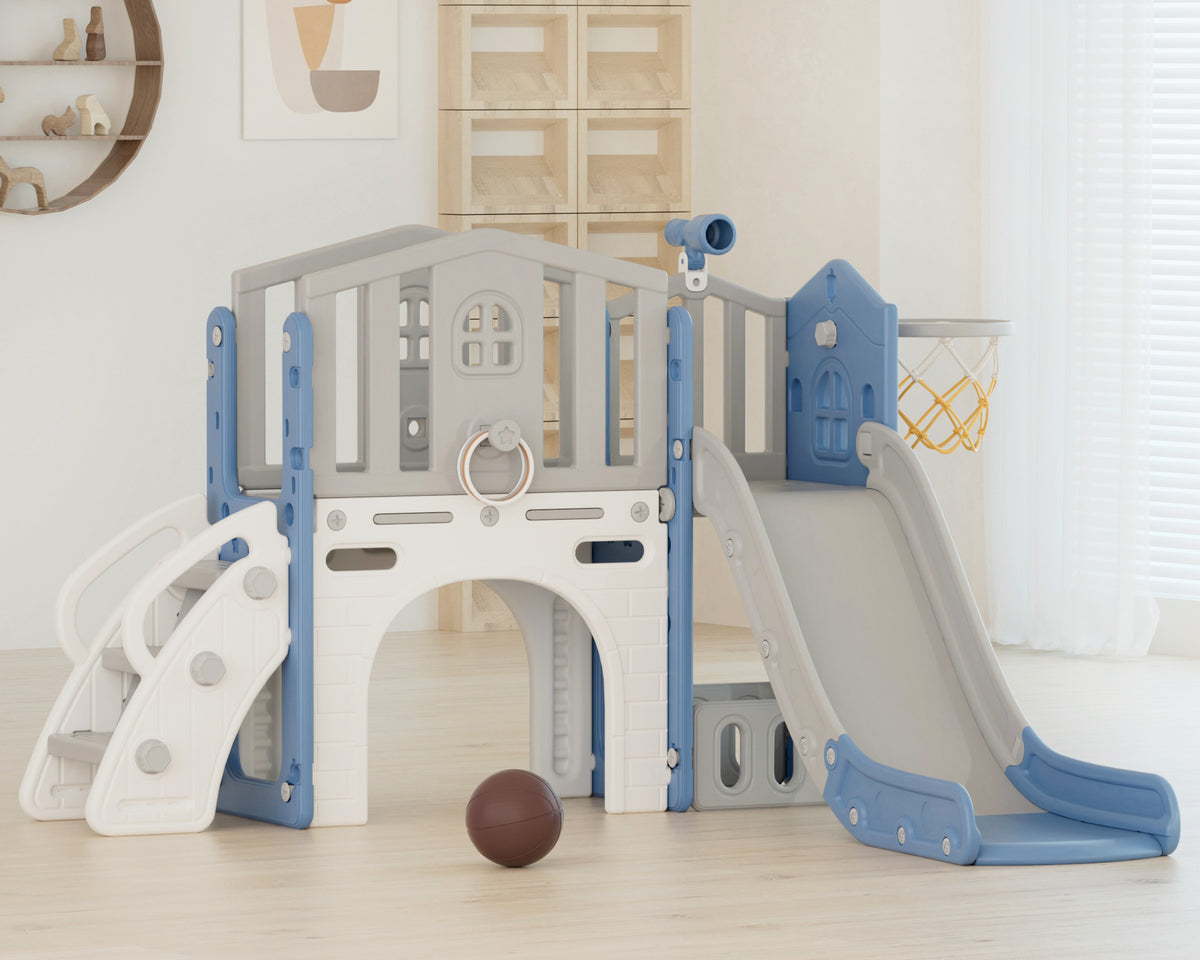 Pre-sale, XJD 8 in 1 Toddler Slide Set  Climber Slide for Age 1-3, Outdoor Indoor Playset with Basketball Hoop, Telescope, and Storage Space, Blue/Grey