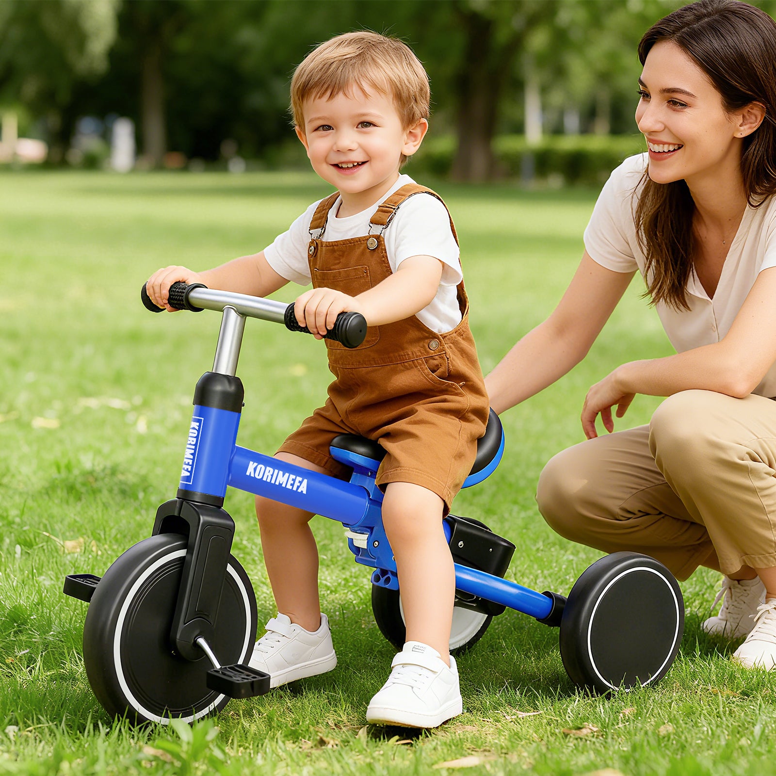 KORIMEFA 5 in 1 Toddler Push Trike & Balance Bike for 2 3 4 Year Olds, Ride-On Kids Tricycle with Adjustable Seat, Outdoor Indoor Birthday Gift for Boys Girls, Blue