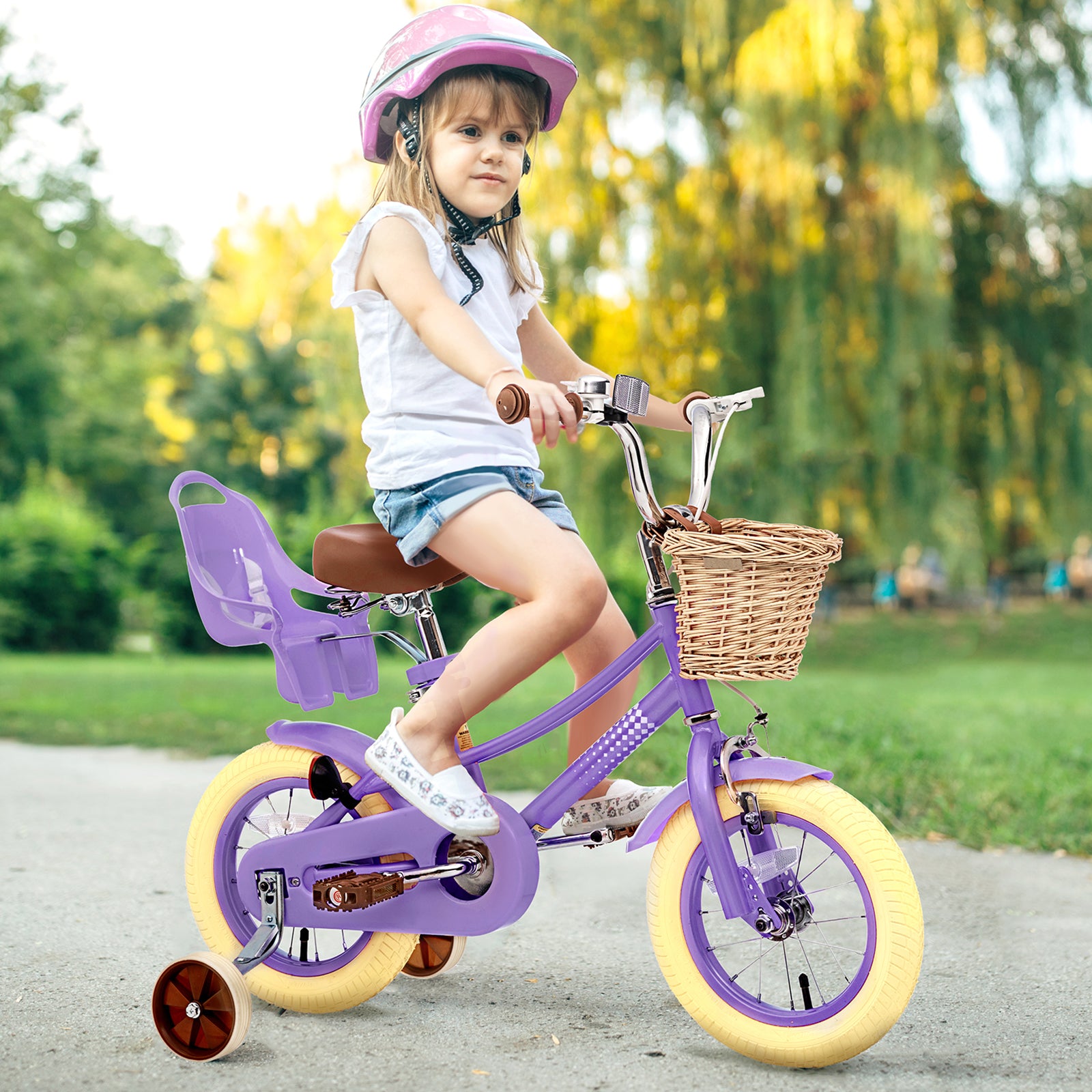 XJD Kids Bicycle for Toddlers and Children 3+ Years Old, 12 14 16 20 inch Bike for Girls and Boys, with Basket and Bell Training Wheels, Adjustable Seat Handlebar Height, Purple