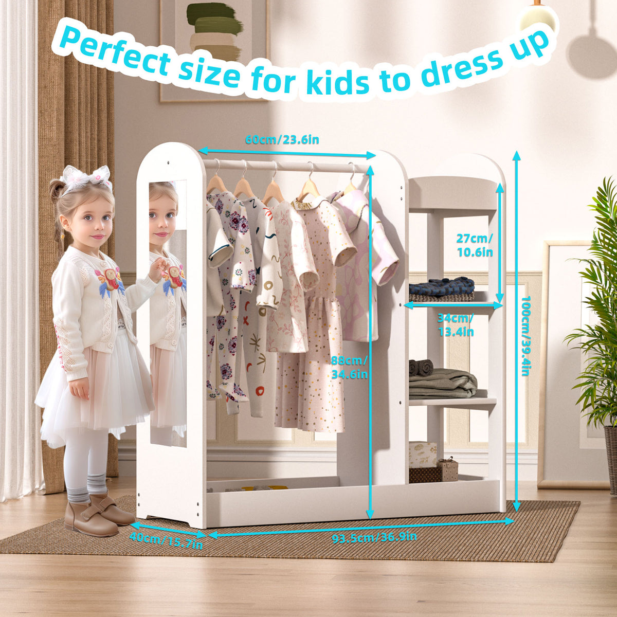 Kids Large Dress up Storage with Mirror, Kids Costume Organizer, White, In stock!
