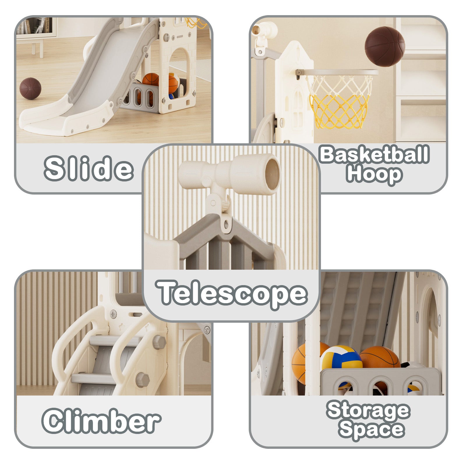 XJD 5 in 1 Toddler Slide Set  Climber Slide for Age 1-3, Outdoor Indoor Playset with Basketball Hoop, Telescope, and Storage Space, Gray/Grey