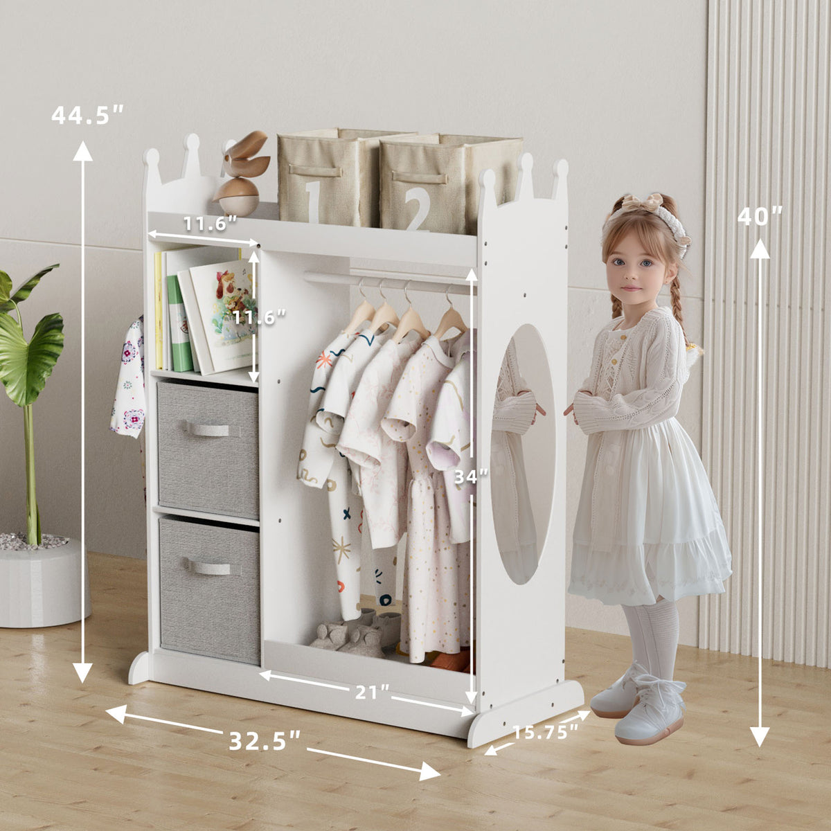 Kids Large Dress up Storage with Mirror, Kids Costume Organizer with Storage Area, White