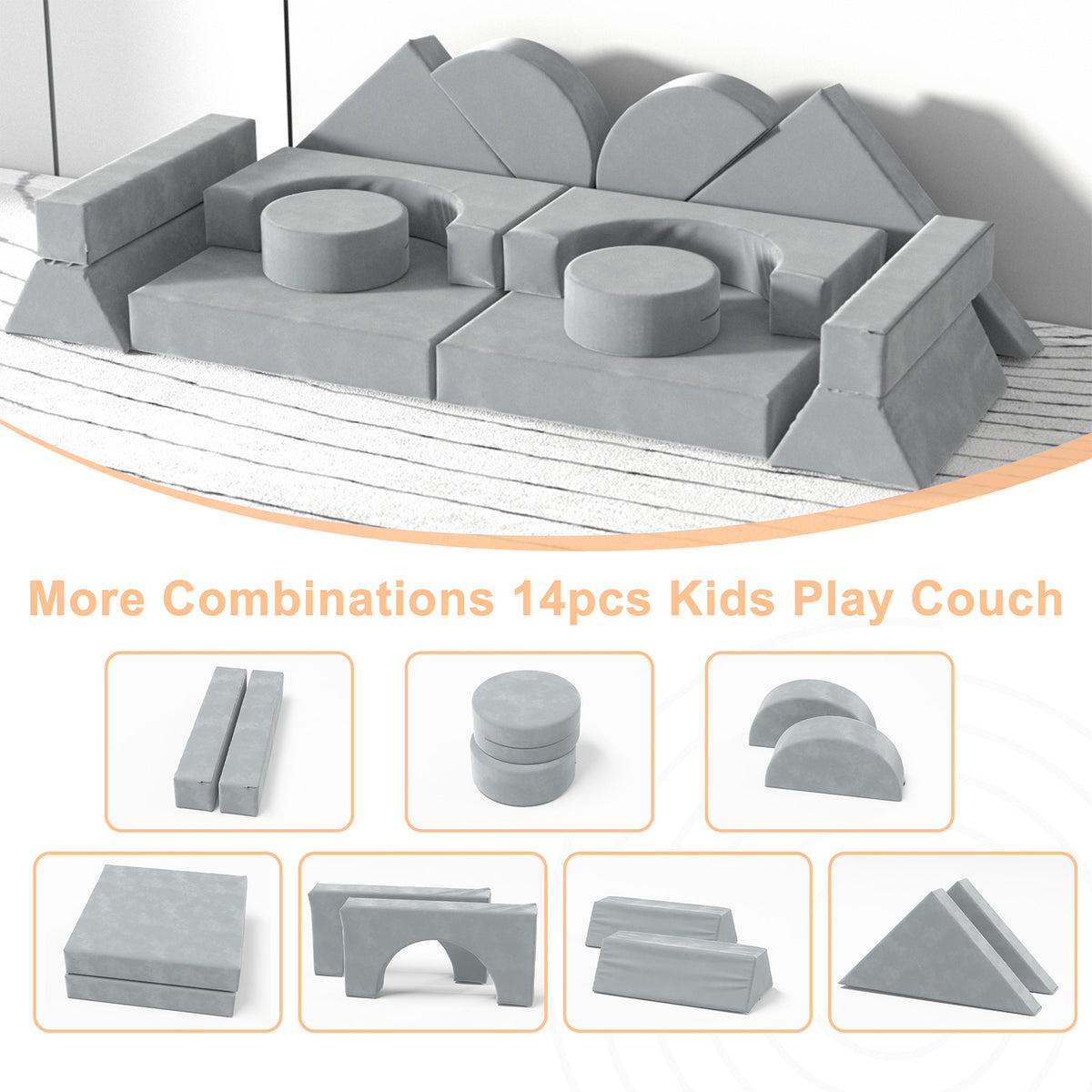 XJD 14-Piece Modular Children's Play Sofa, Children's Combination Sofa, Bedroom and Playroom Children's Furniture, Convertible Foam and Floor Cushions, Gray (Grey)