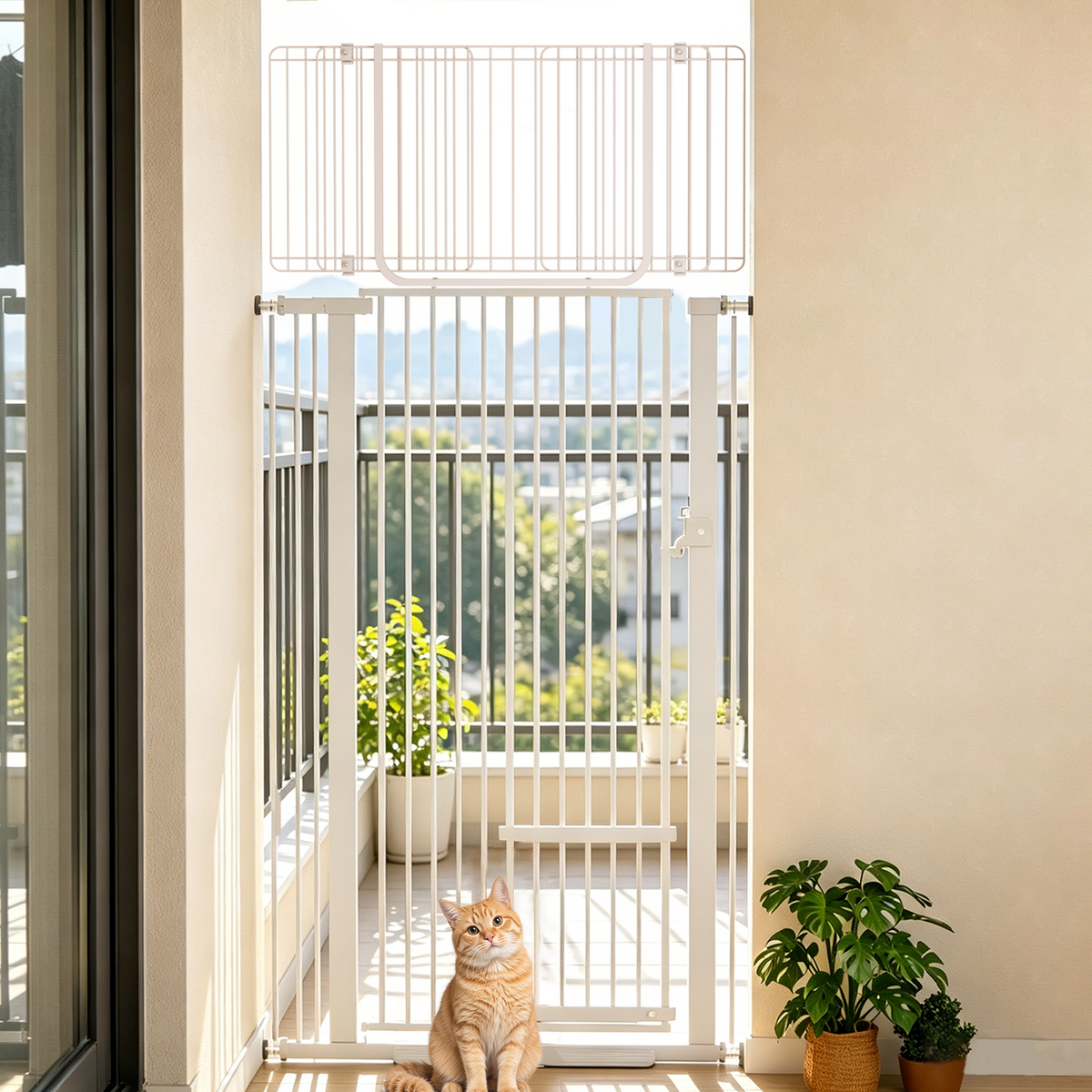 Korimefa Extra Tall Pet Gate with Cat Door, 72" Tall 29.5"-37.4" Wide Pressure Mount Dog Gate, No Drill 1.37" Narrow Gap One-Hand Operate Safety Barrier for Stairs Hallway Kitchen