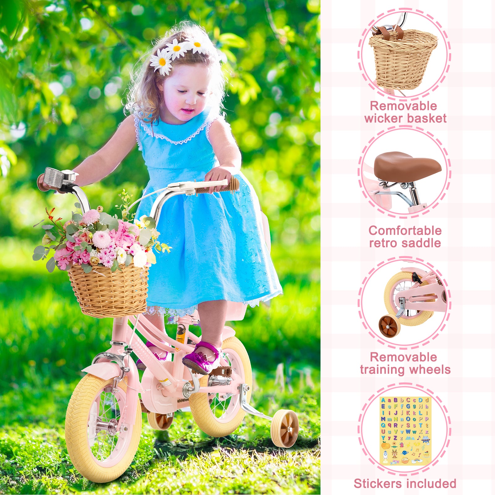 XJD Kids Bicycle for Toddlers and Children 3+ Years Old, 12 14 16 20 inch Bike for Girls and Boys, with Basket and Bell Training Wheels, Adjustable Seat Handlebar Height, Pink