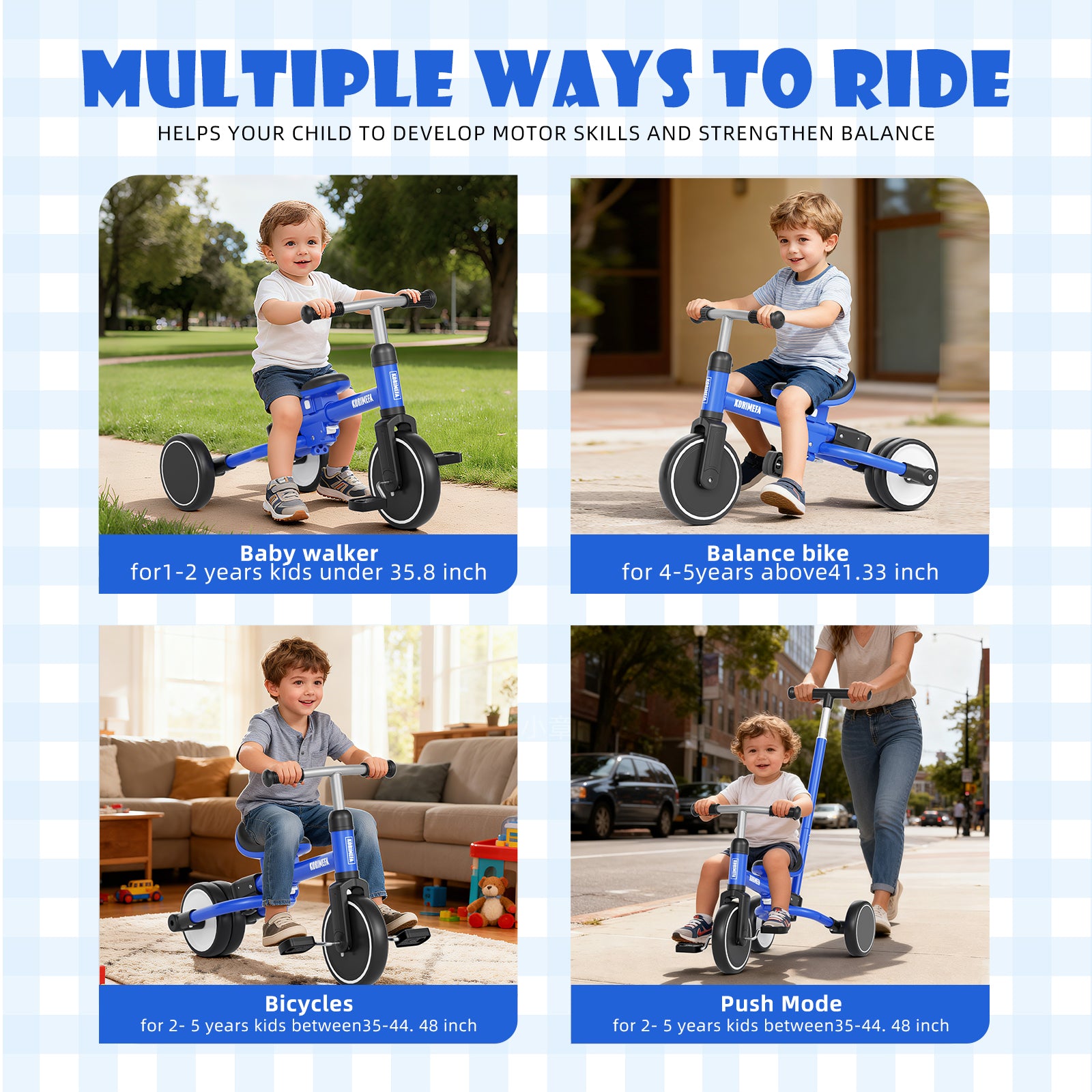 KORIMEFA 5 in 1 Toddler Push Trike & Balance Bike for 2 3 4 Year Olds, Ride-On Kids Tricycle with Adjustable Seat, Outdoor Indoor Birthday Gift for Boys Girls, Blue