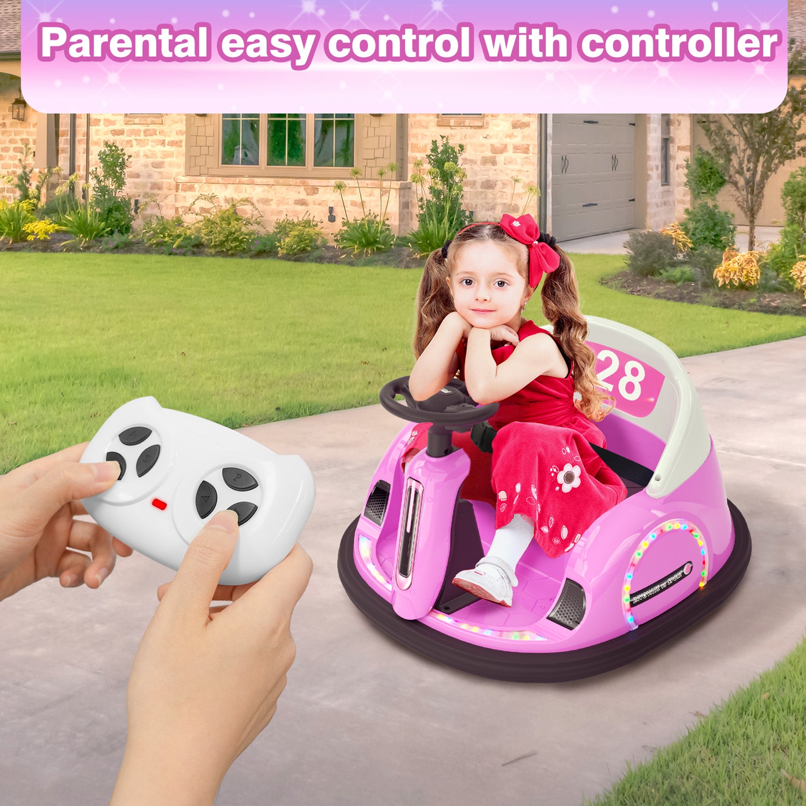 6V Electric Ride on Bumper Car Toys for Kids Toddlers 2-4 Years Old, 360° Spinning Bumping Toy Gifts Cars, Music Play, Lights, 0-2 mph, Pink