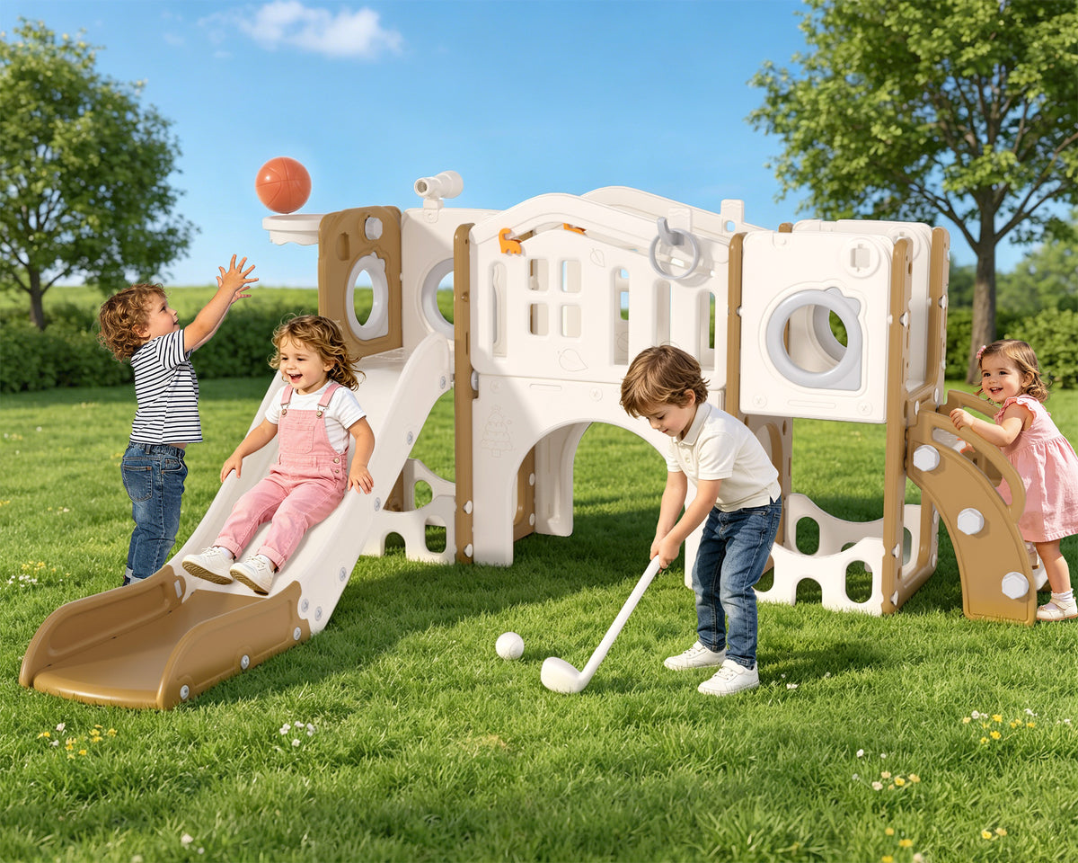 KORIMEFA 11- in-1 Kids Toddler Slide Set, Toddler Climber Slide for Age 1-3 , Indoor Outdoor Slide with Basketball Hoop Ring Toss Golf