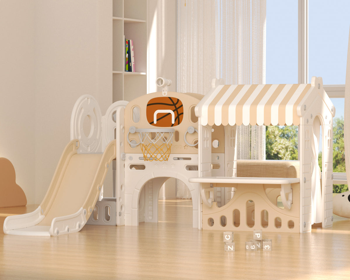 Pre-sale, XJD 10 in 1 Toddler Slide with house Indoor and Outdoor Plastic Freestanding Slide, Coffee