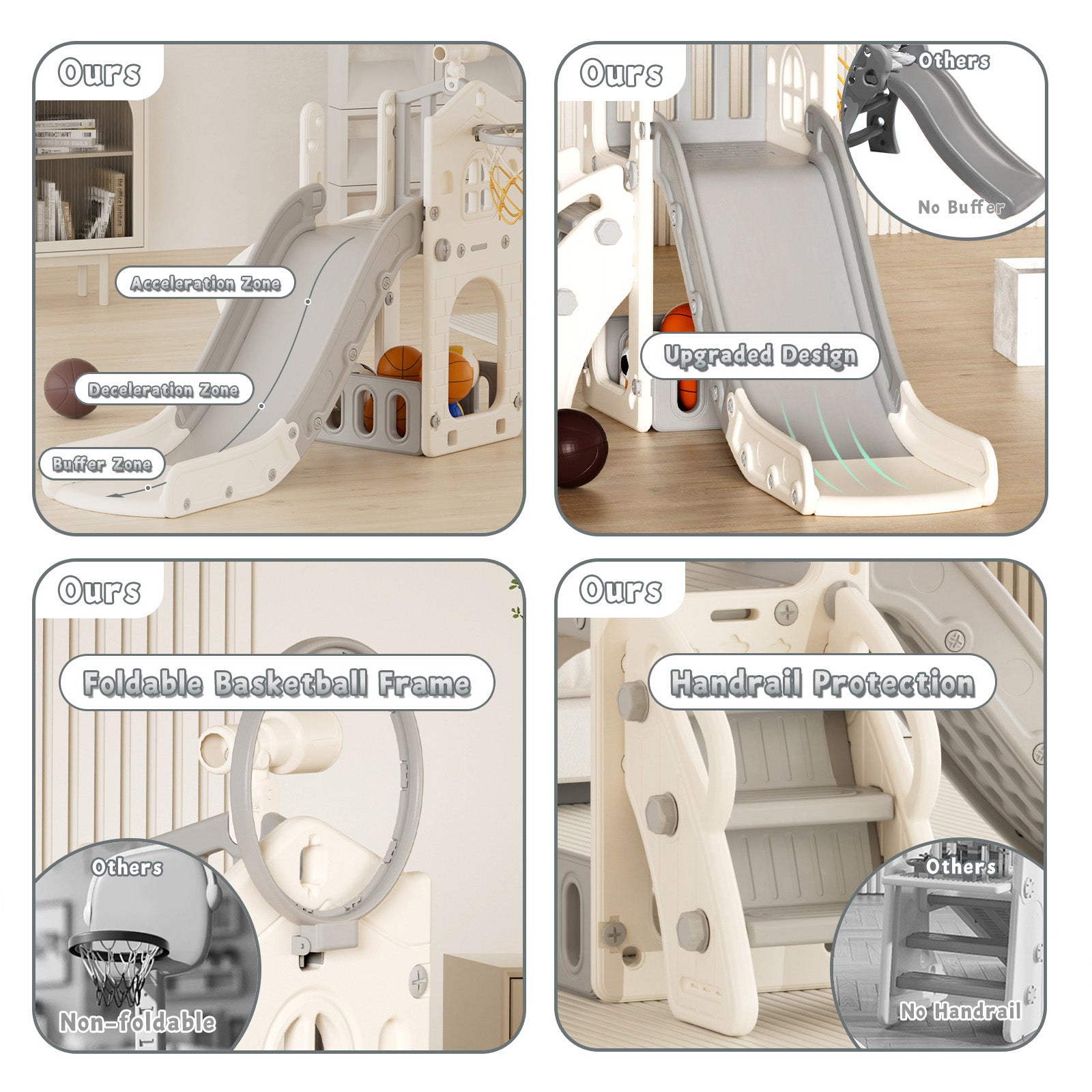 XJD 5 in 1 Toddler Slide Set  Climber Slide for Age 1-3, Outdoor Indoor Playset with Basketball Hoop, Telescope, and Storage Space, Gray/Grey