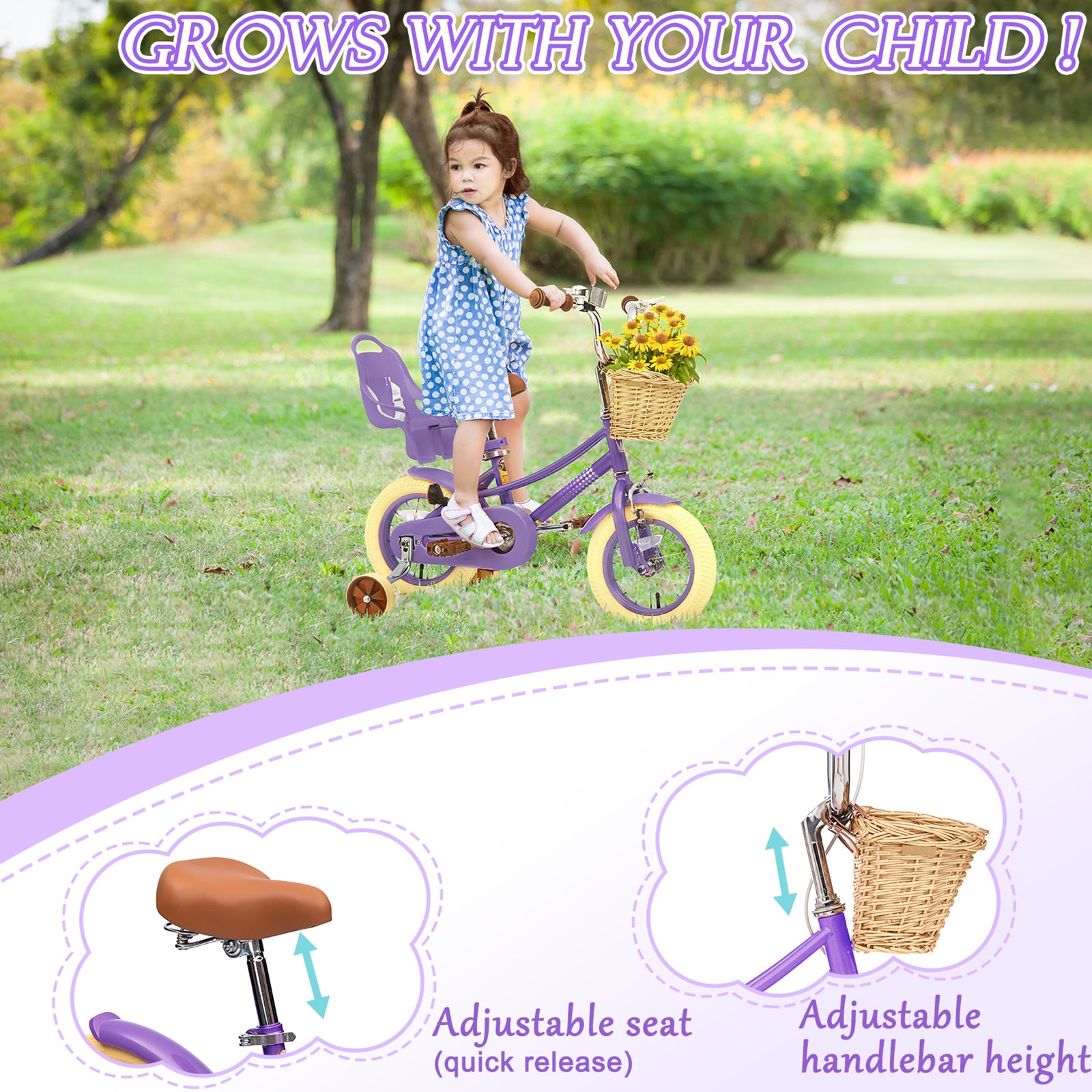 XJD Kids Bicycle for Toddlers and Children 3+ Years Old, 12 14 16 20 inch Bike for Girls and Boys, with Basket and Bell Training Wheels, Adjustable Seat Handlebar Height, Purple