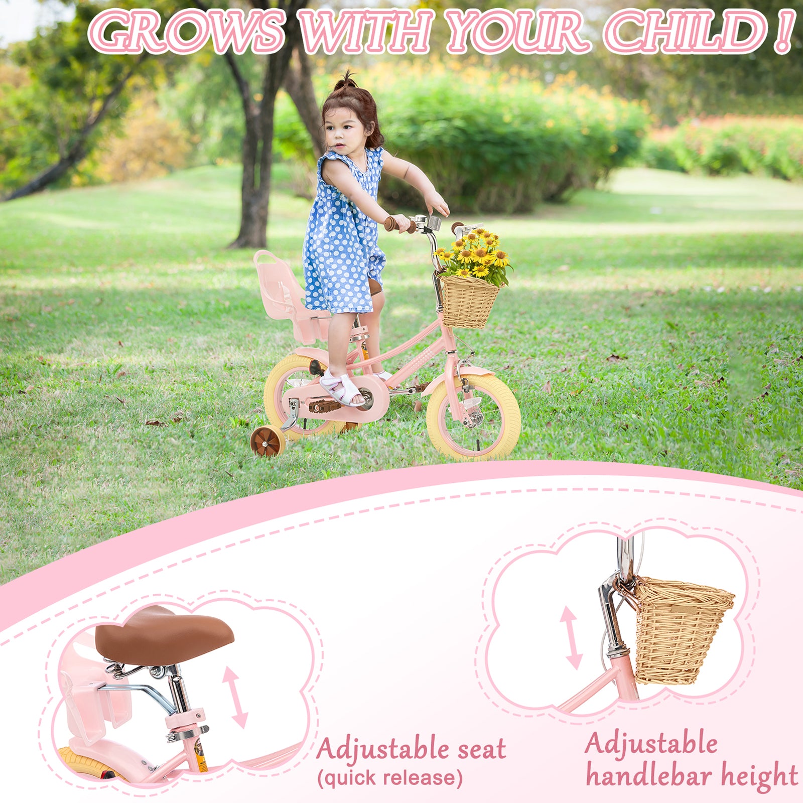 XJD Kids Bicycle for Toddlers and Children 3+ Years Old, 12 14 16 20 inch Bike for Girls and Boys, with Basket and Bell Training Wheels, Adjustable Seat Handlebar Height, Pink