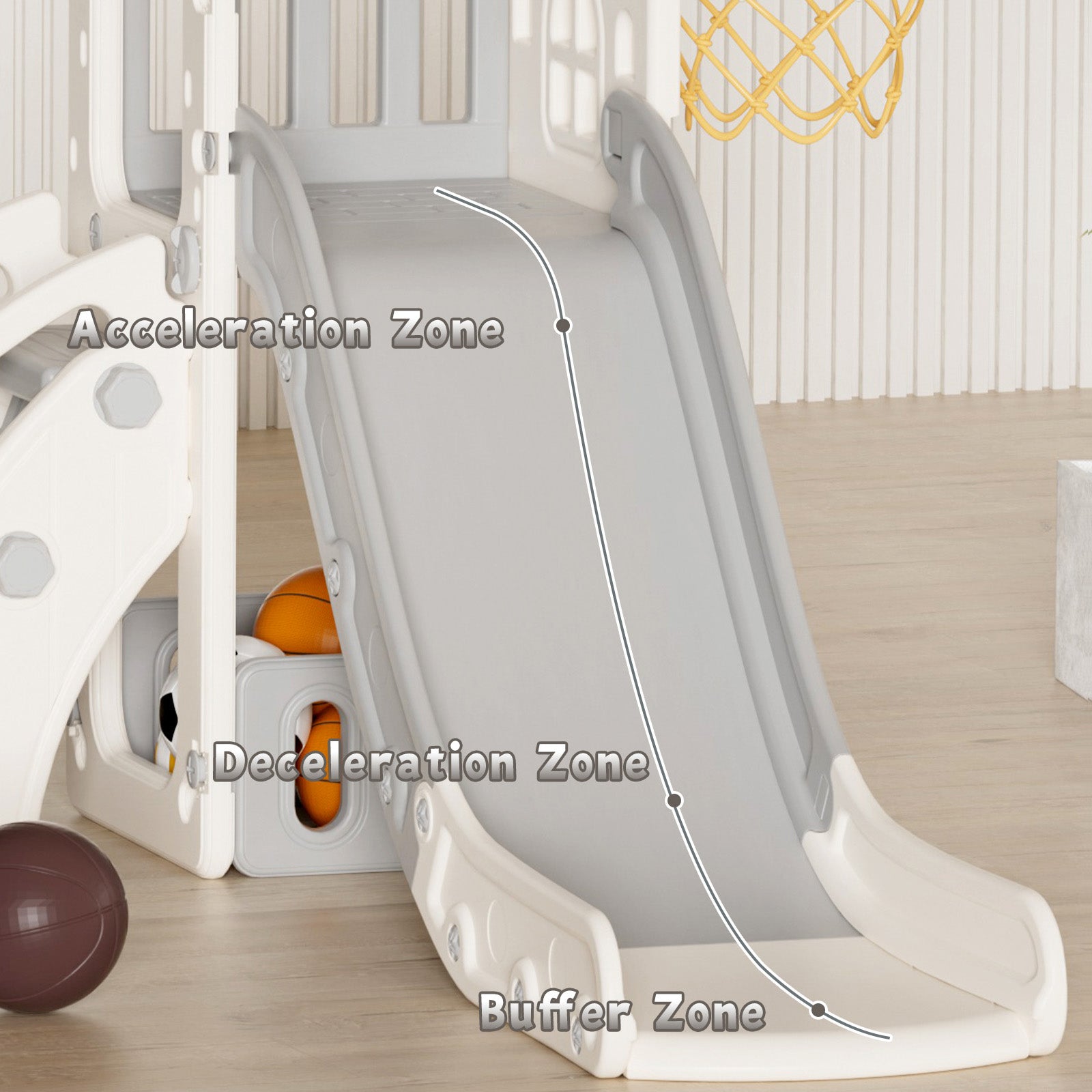 XJD 5 in 1 Toddler Slide Set  Climber Slide for Age 1-3, Outdoor Indoor Playset with Basketball Hoop, Telescope, and Storage Space, Gray/Grey