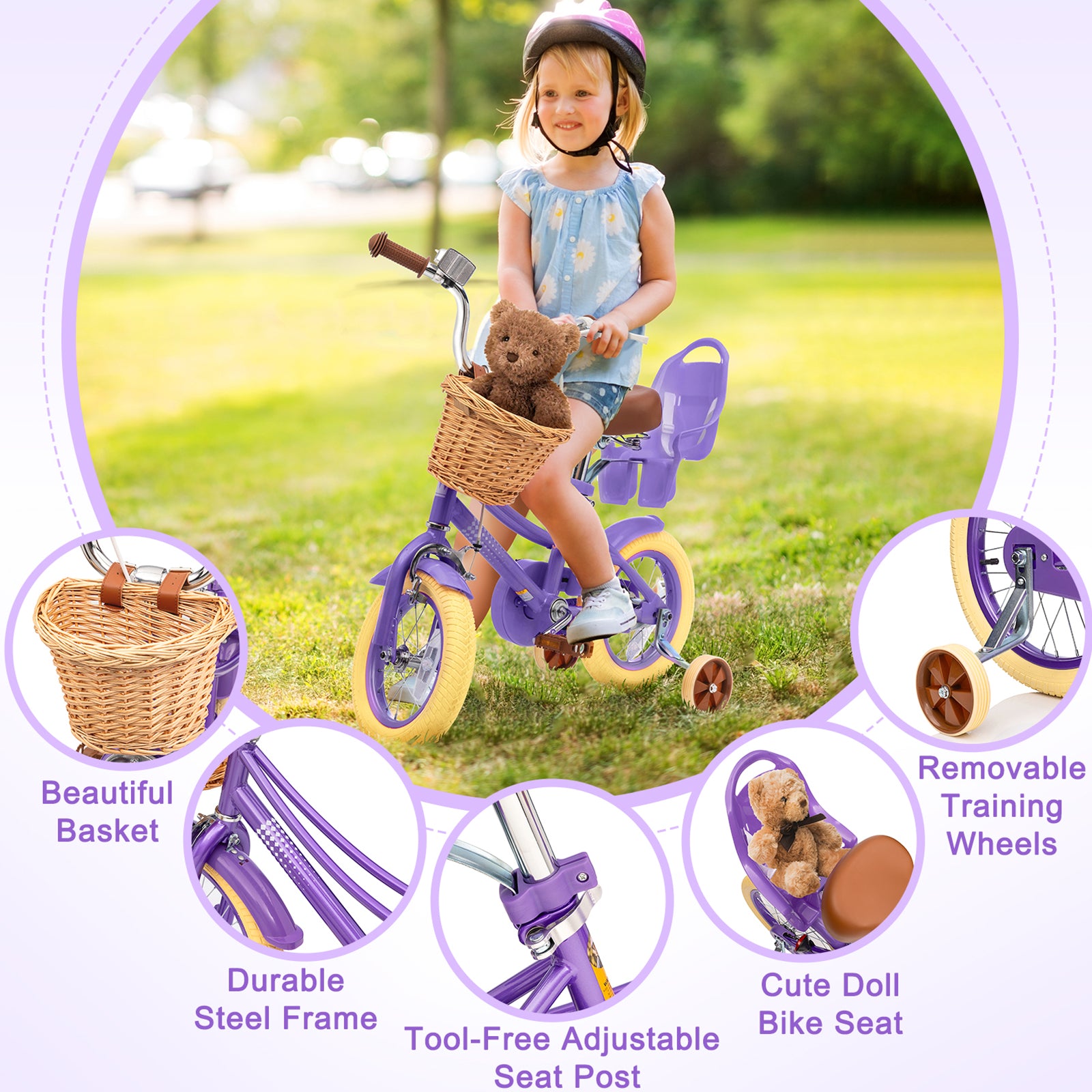 XJD Kids Bicycle for Toddlers and Children 3+ Years Old, 12 14 16 20 inch Bike for Girls and Boys, with Basket and Bell Training Wheels, Adjustable Seat Handlebar Height, Purple