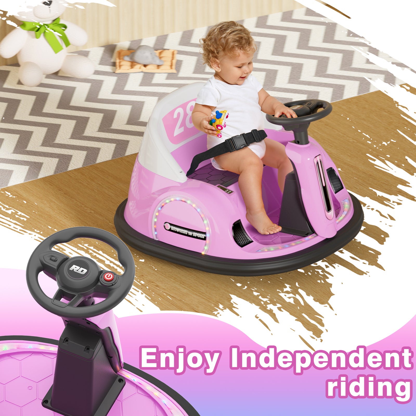6V Electric Ride on Bumper Car Toys for Kids Toddlers 2-4 Years Old, 360° Spinning Bumping Toy Gifts Cars, Music Play, Lights, 0-2 mph, Pink
