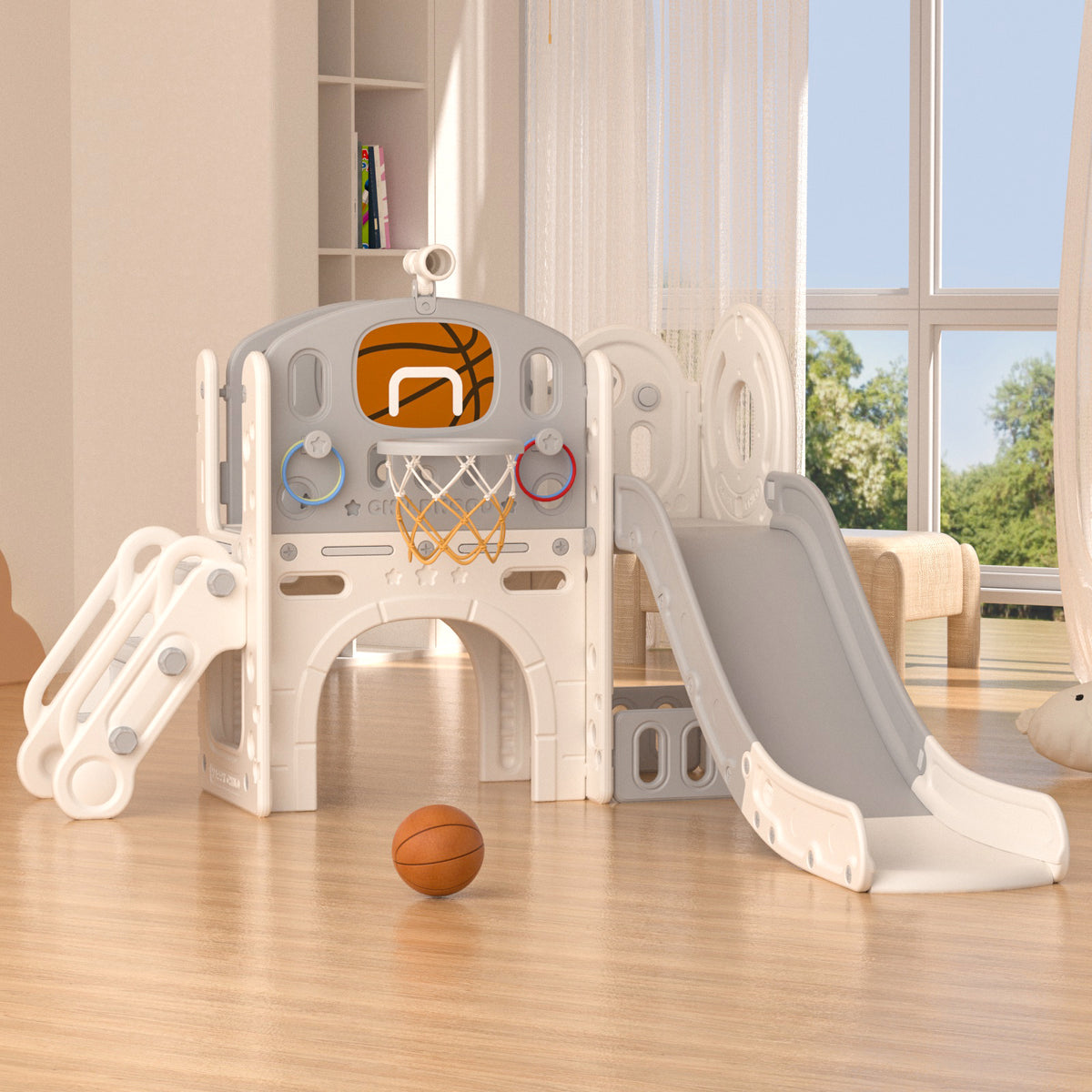 XJD 8-in-1 Kids Slide with Climber with Basketball Hoop, Tunnel, Telescope and Storage Space, Freestanding Indoor/Outdoor Toddler Play Set, White Gray