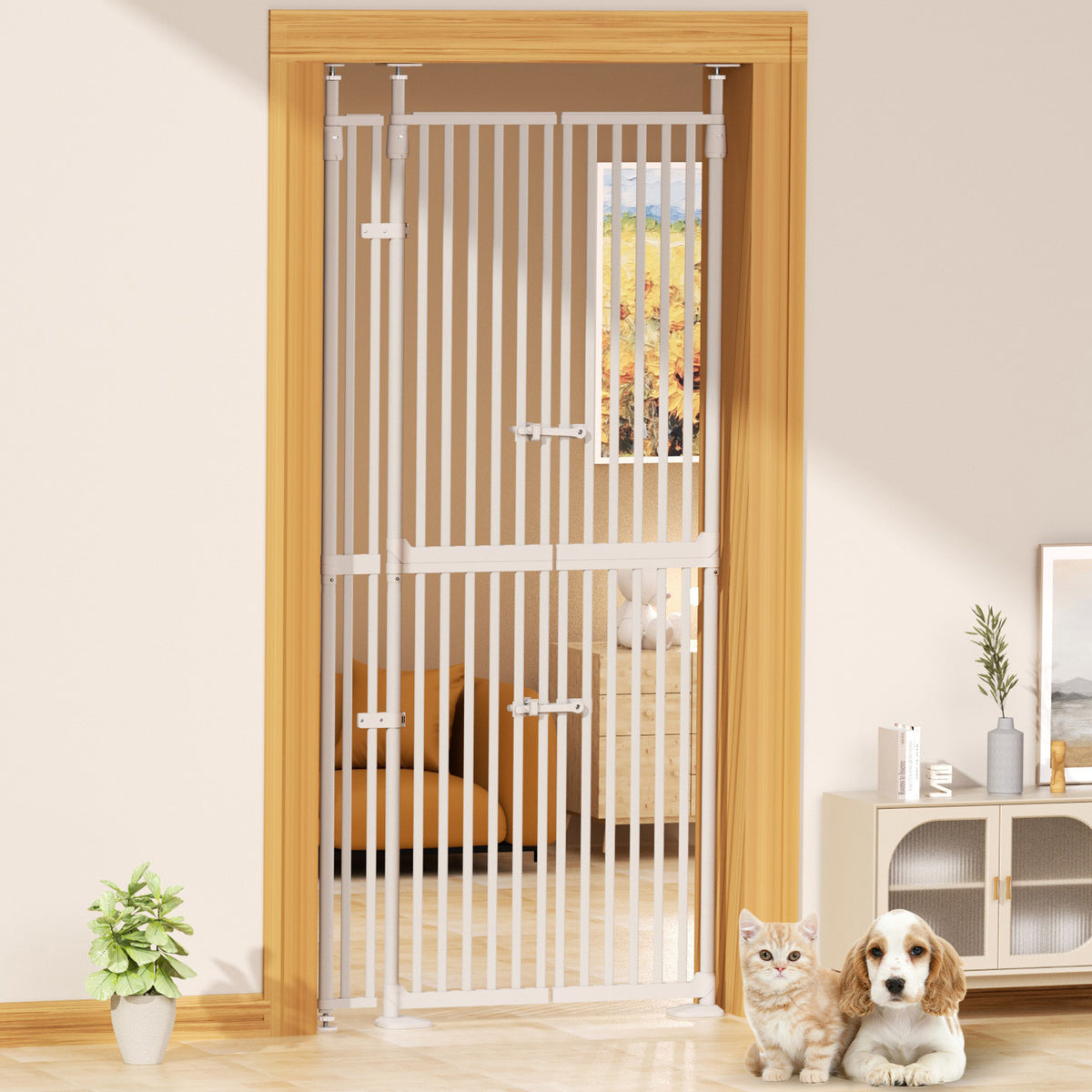 KORIMEFA 74.8"-96.5" Extra Tall Pet Gate for Doorway, Wide Tall Adjustable 30.3"-38.2" Cat Gate, 1.37″ Narrow Gap
