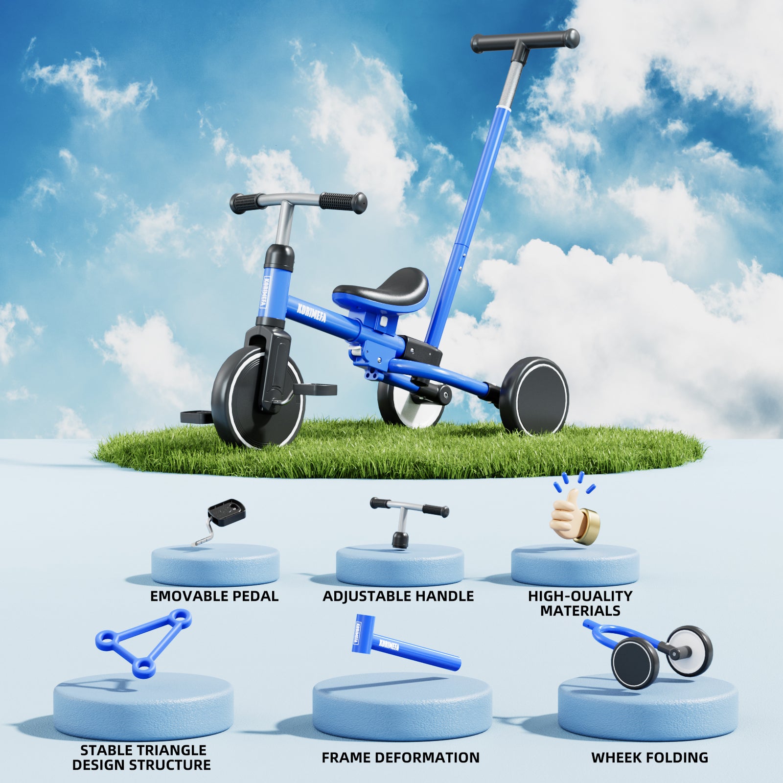 KORIMEFA 5 in 1 Toddler Push Trike & Balance Bike for 2 3 4 Year Olds, Ride-On Kids Tricycle with Adjustable Seat, Outdoor Indoor Birthday Gift for Boys Girls, Blue