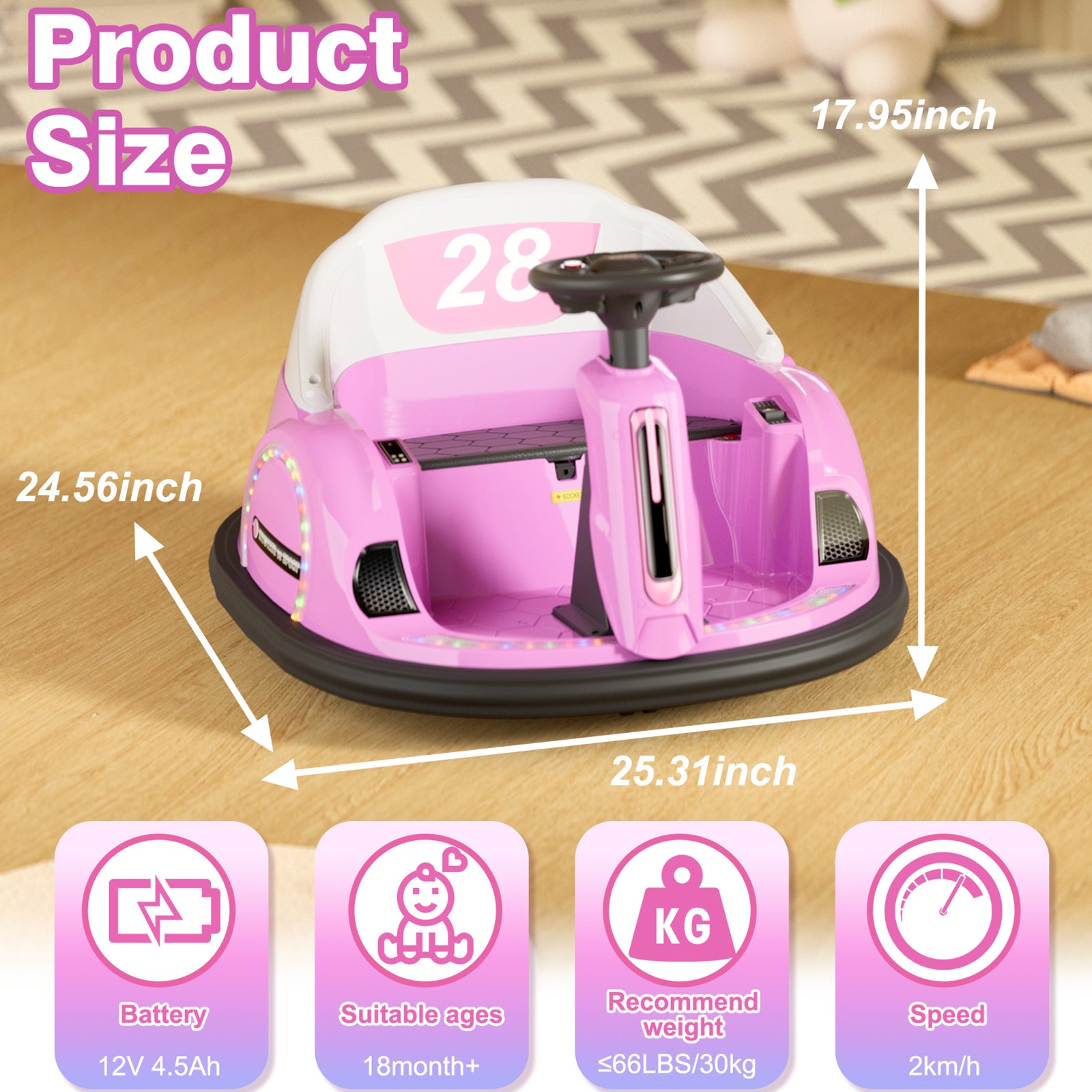 6V Electric Ride on Bumper Car Toys for Kids Toddlers 2-4 Years Old, 360° Spinning Bumping Toy Gifts Cars, Music Play, Lights, 0-2 mph, Pink