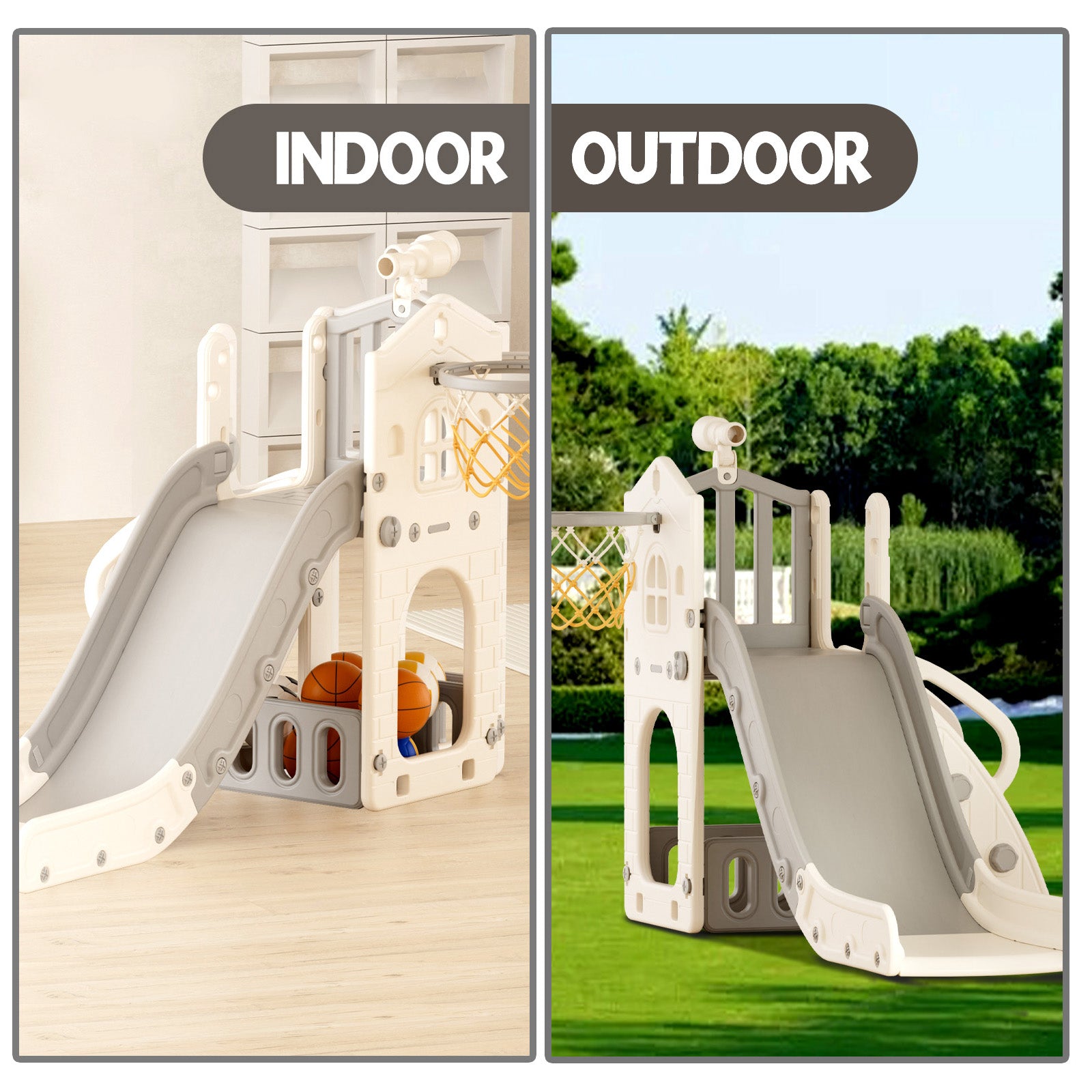 XJD 5 in 1 Toddler Slide Set  Climber Slide for Age 1-3, Outdoor Indoor Playset with Basketball Hoop, Telescope, and Storage Space, Gray/Grey