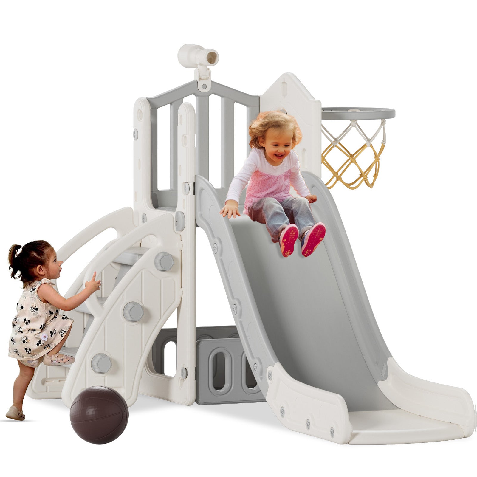 XJD 5 in 1 Toddler Slide Set  Climber Slide for Age 1-3, Outdoor Indoor Playset with Basketball Hoop, Telescope, and Storage Space, Gray/Grey