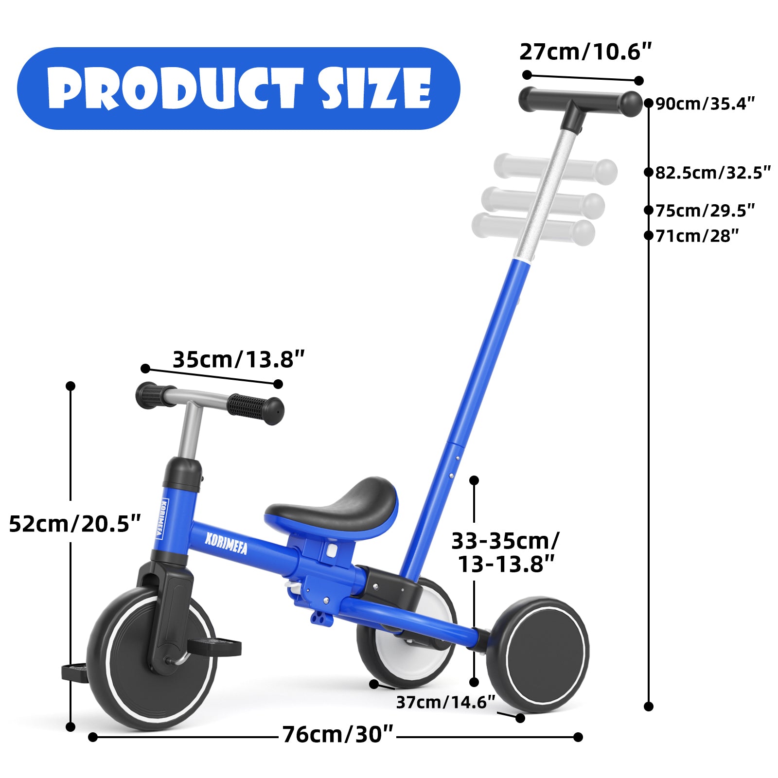 KORIMEFA 5 in 1 Toddler Push Trike & Balance Bike for 2 3 4 Year Olds, Ride-On Kids Tricycle with Adjustable Seat, Outdoor Indoor Birthday Gift for Boys Girls, Blue