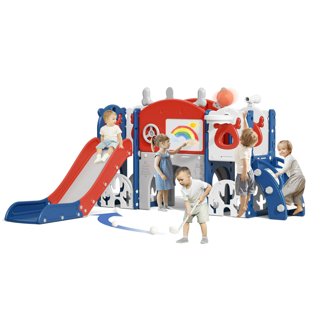 KORIMEFA 13 in 1 Toddler Slide Set, Kids Slide for baby Age 1-4, New Upgrade with Golf Set, Basketball Hoop, Drawing Board for Indoor Outdoor Playset,Toddler Playground,Blue