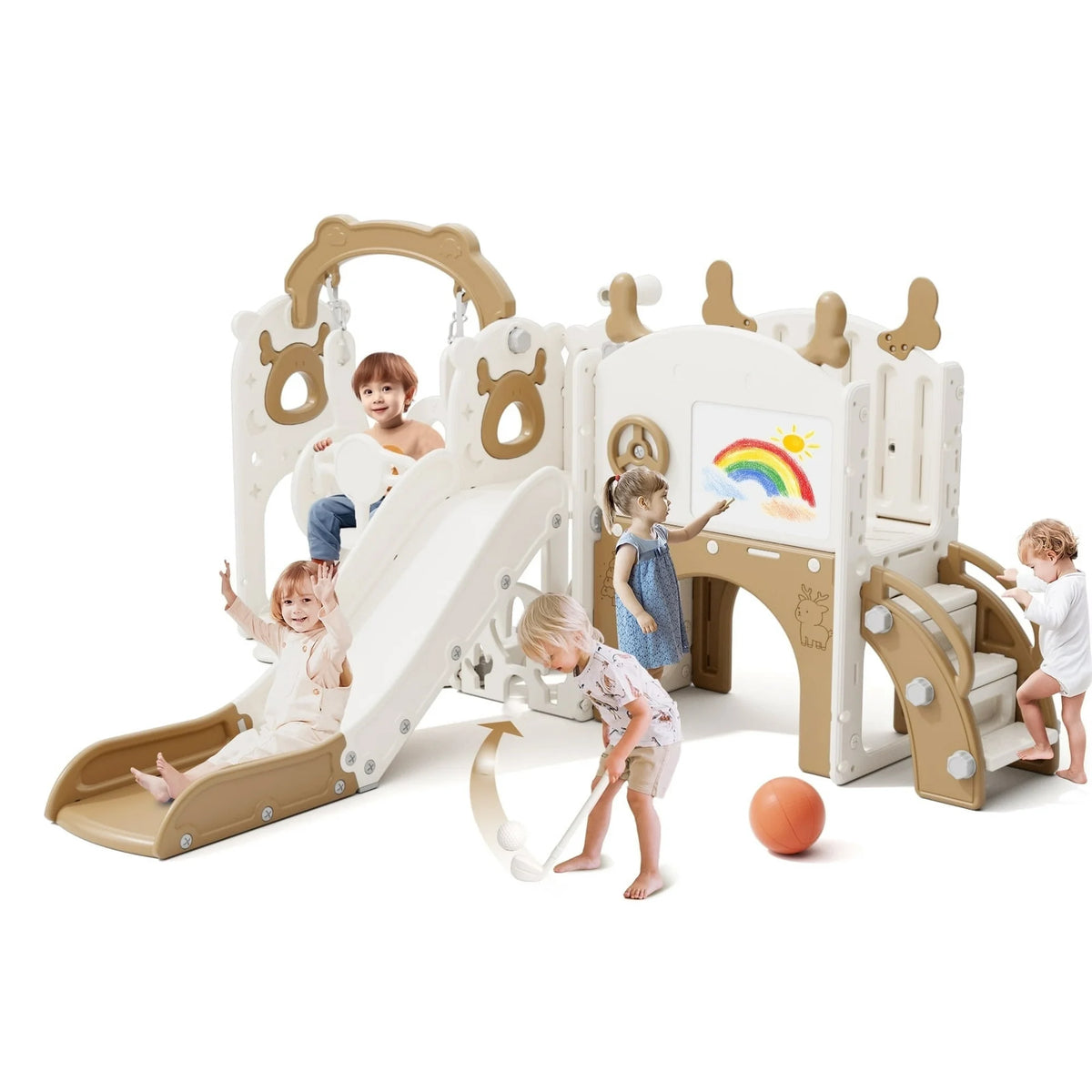 KORIMEFA 13-in-1 Toddler Slide, Kids Swing and Slide for Toddlers Age 1-4, Outdoor Indoor Playground Playset for Toddlers with Basketball Hoop and Ball Playset Telescope, Blue Red