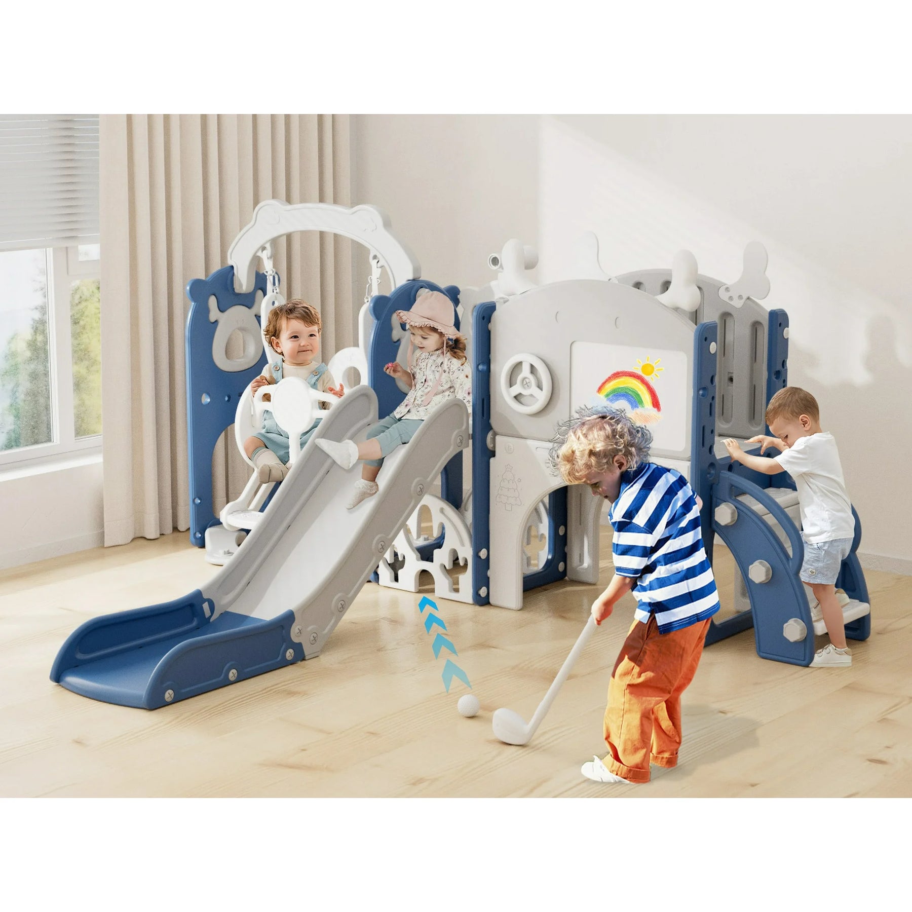 KORIMEFA 13-in-1 Toddler Slide, Kids Swing and Slide for Toddlers Age 1-4, Outdoor Indoor Playground Playset for Toddlers with Basketball Hoop and Ball Playset Telescope, Blue Red