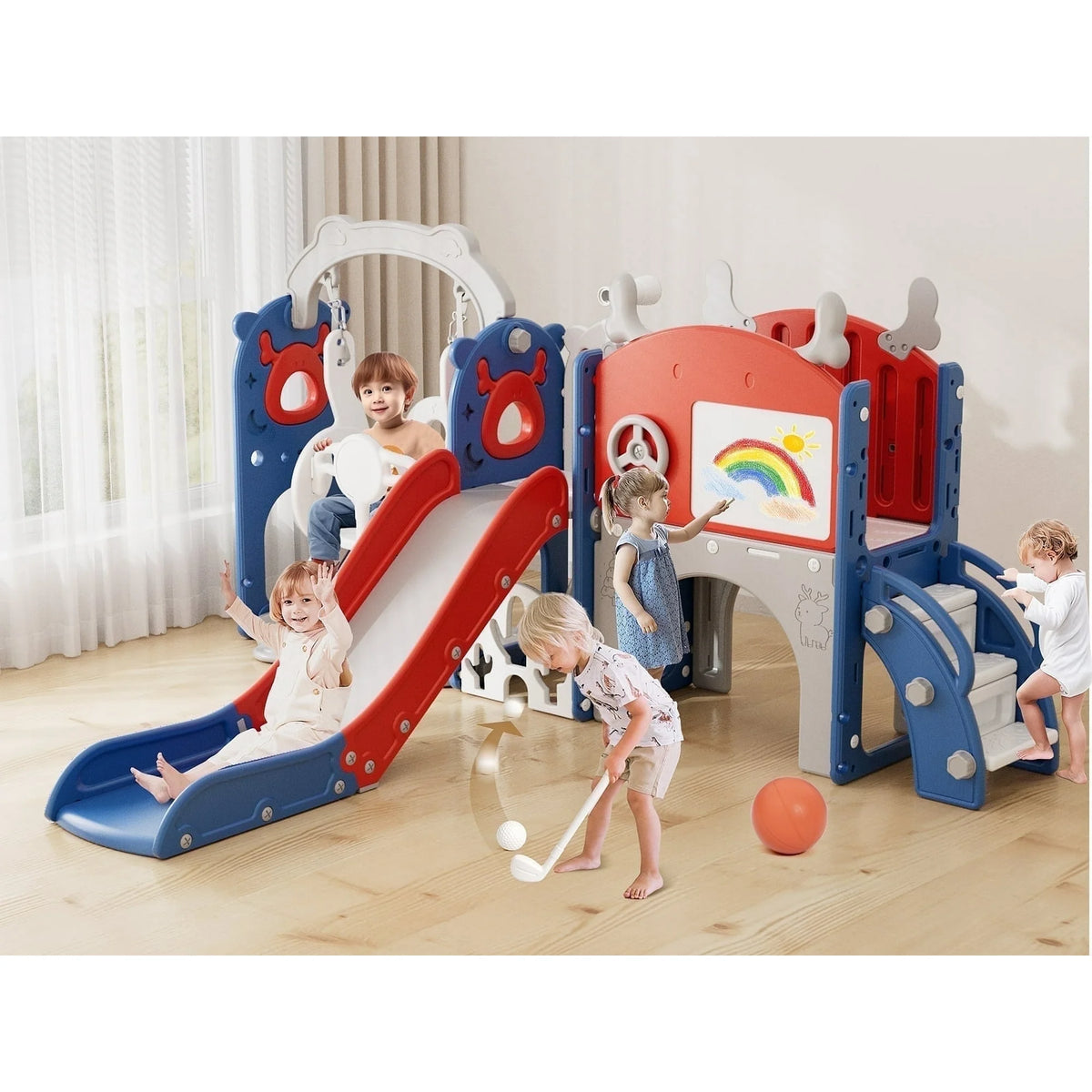 KORIMEFA 13-in-1 Toddler Slide, Kids Swing and Slide for Toddlers Age 1-4, Outdoor Indoor Playground Playset for Toddlers with Basketball Hoop and Ball Playset Telescope, Blue Red