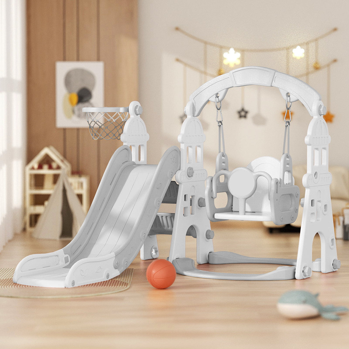 KORIMEFA 4-in-1 Kids Slide and Swing Set - Perfect for Toddlers 1-4 Years - Extra-Large Indoor and Outdoor Playground - Includes Slide, Swing, Basketball Hoop, and Climber