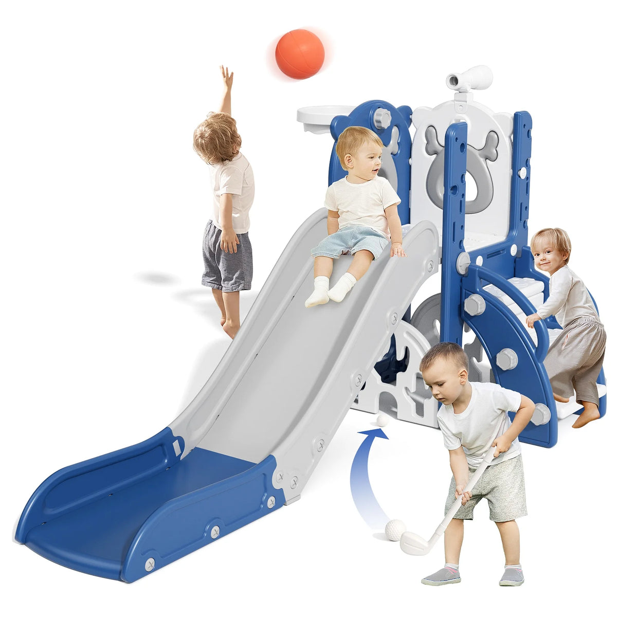 KORIMEFA 7-in-1 Toddler Slide, Outdoor Indoor Playset Slide for Kids Age 1-3 with Golf, Basketball Hoop, Baby Playground Climber Toys, Blue