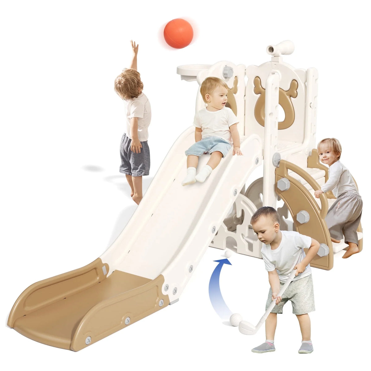 KORIMEFA 7-in-1 Toddler Slide, Outdoor Indoor Playset Slide for Kids Age 1-3 with Golf, Basketball Hoop, Baby Playground Climber Toys, Blue