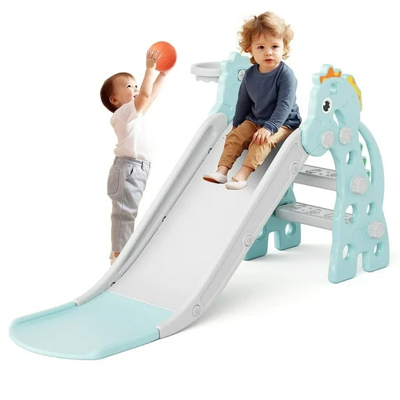 KORIMEFA Toddler Slide Indoor for Toddlers 1-3 Baby Slide Outdoor Playset with Basketball Hoop and Ball Plastic Foldable Slides for Kids Backyard Climber Set, Blue